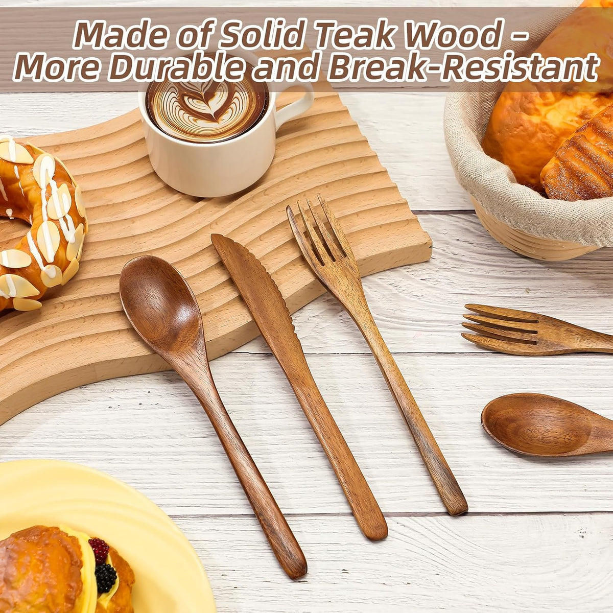 12 Pcs Wooden Utensils for Eating Set Wooden Spoon Fork Knife Cutlery Set Kitchen Wood Utensils Dinner Flatware Tableware (Teak Wood)