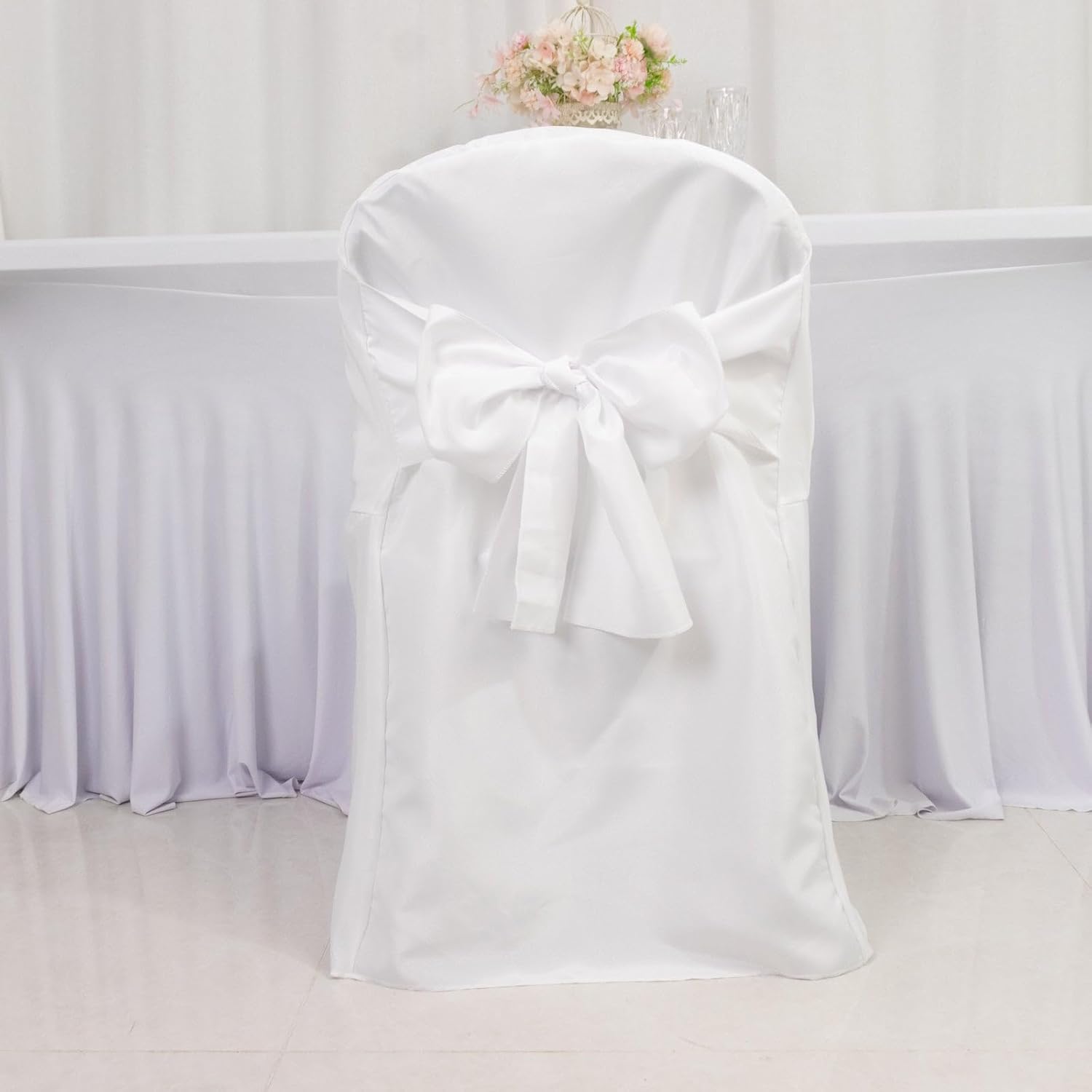 Efavormart 10 Pack White Linen Polyester Folding Chair Covers for Party Dining Chairs Reusable Wedding Chair Slipcovers with Attached Sashes Outdoor Event Decor