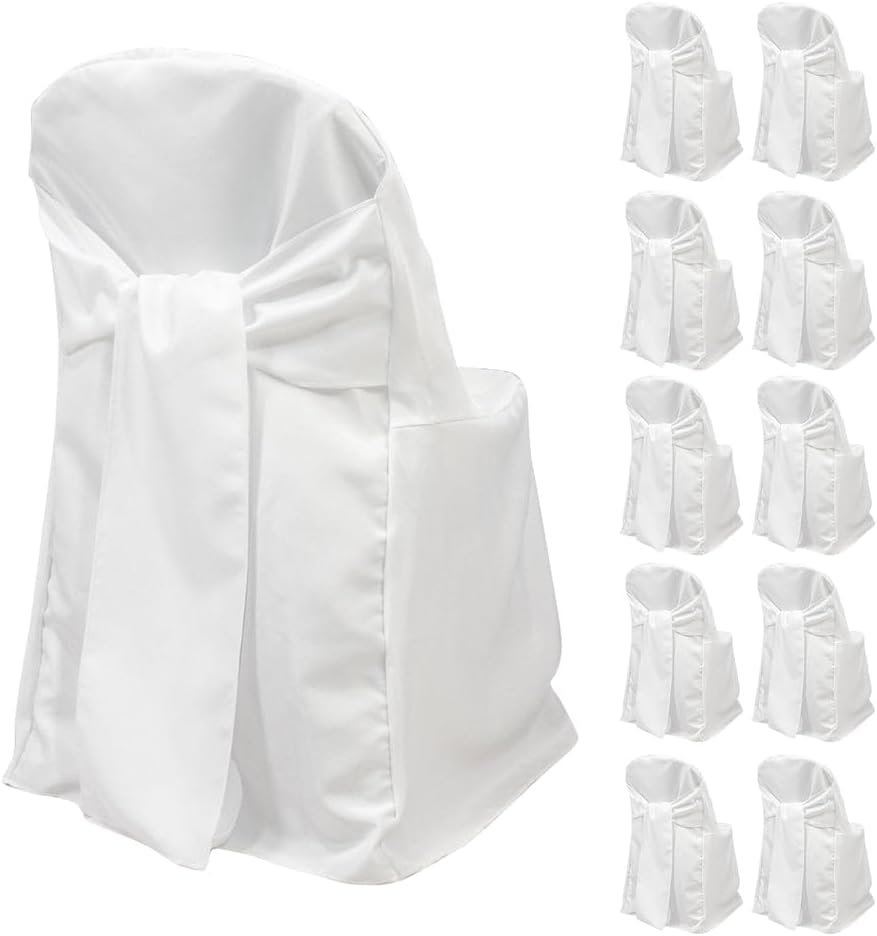 Efavormart 10 Pack White Linen Polyester Folding Chair Covers for Party Dining Chairs Reusable Wedding Chair Slipcovers with Attached Sashes Outdoor Event Decor