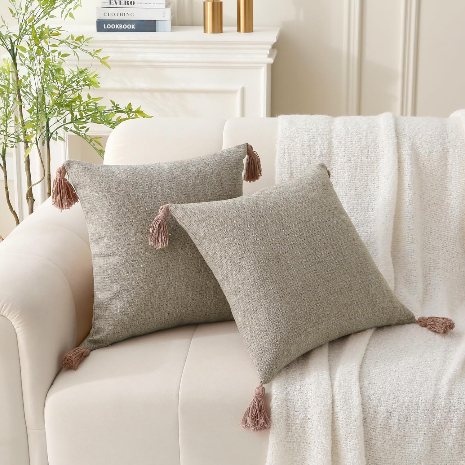 18" x 18" Decorative Throw Pillow with Inserts, Set of 2 Farmhouse Neutral Couch Throw Pillows with Tassels, Square Boho Pillow for Couch, Bed, Sofa Decor (Khaki, 18" x 18"(Pack of 2))
