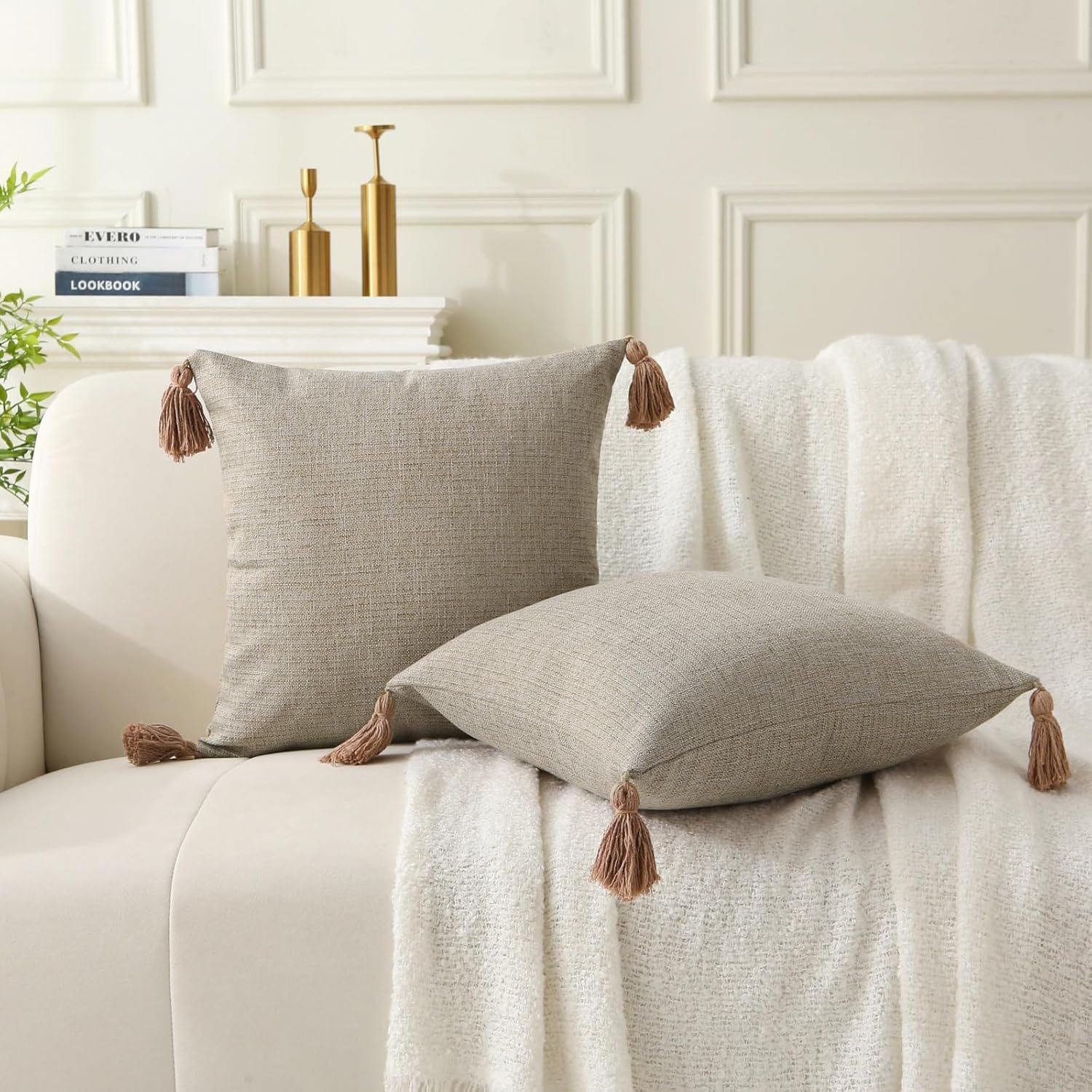 18" x 18" Decorative Throw Pillow with Inserts, Set of 2 Farmhouse Neutral Couch Throw Pillows with Tassels, Square Boho Pillow for Couch, Bed, Sofa Decor (Khaki, 18" x 18"(Pack of 2))
