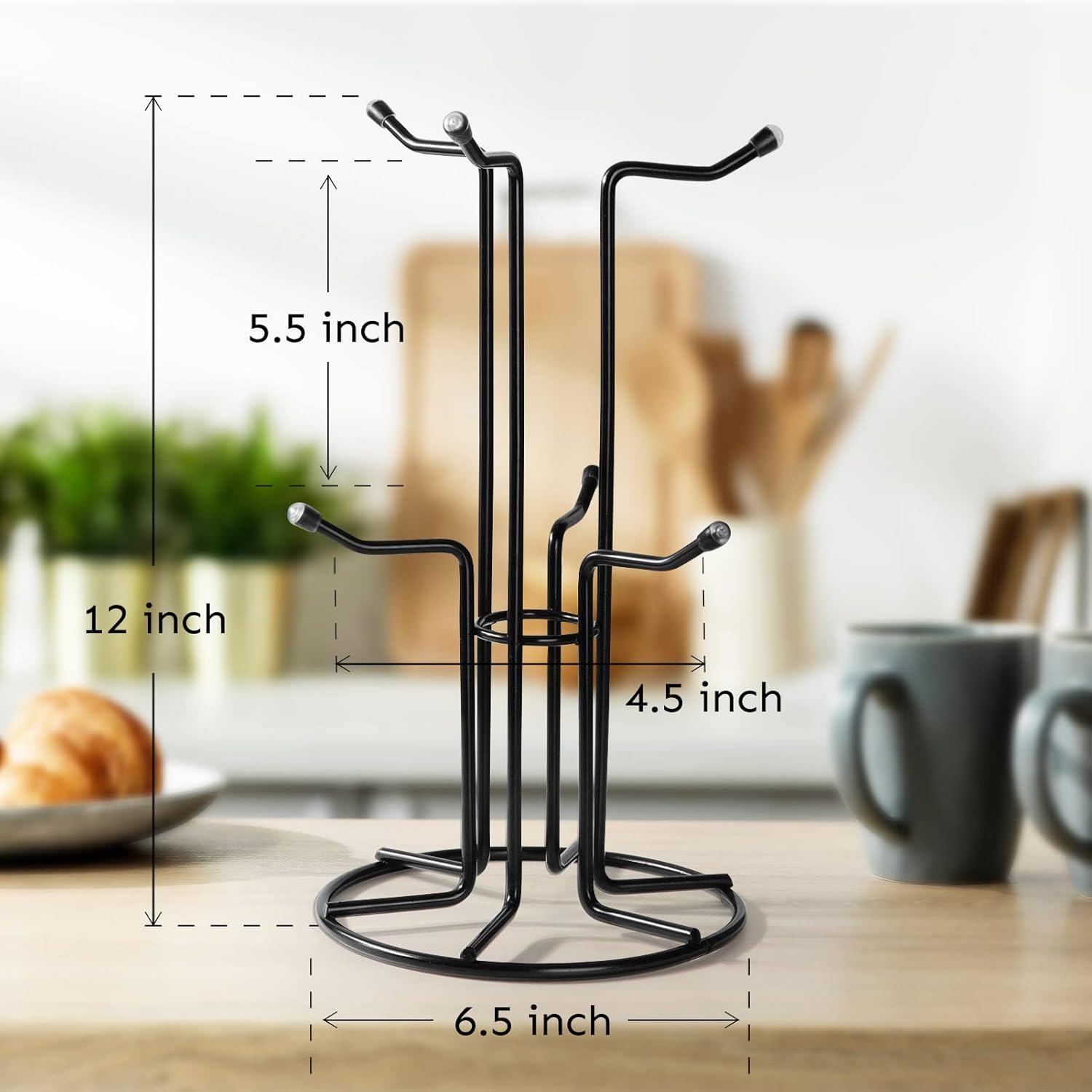 Mug Tree for Large Cups, Counter Coffee Mug Holder with 6 Hooks, Metal Coffee Cup Holder Tree, Standing Rack for Countertop, Kitchen Counter Decor, Black