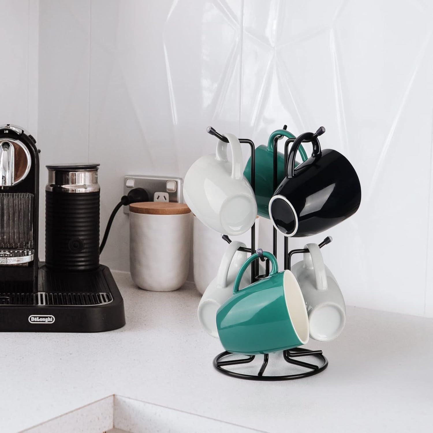 Mug Tree for Large Cups, Counter Coffee Mug Holder with 6 Hooks, Metal Coffee Cup Holder Tree, Standing Rack for Countertop, Kitchen Counter Decor, Black