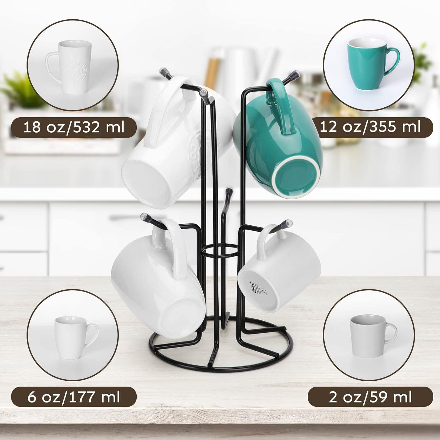 Mug Tree for Large Cups, Counter Coffee Mug Holder with 6 Hooks, Metal Coffee Cup Holder Tree, Standing Rack for Countertop, Kitchen Counter Decor, Black