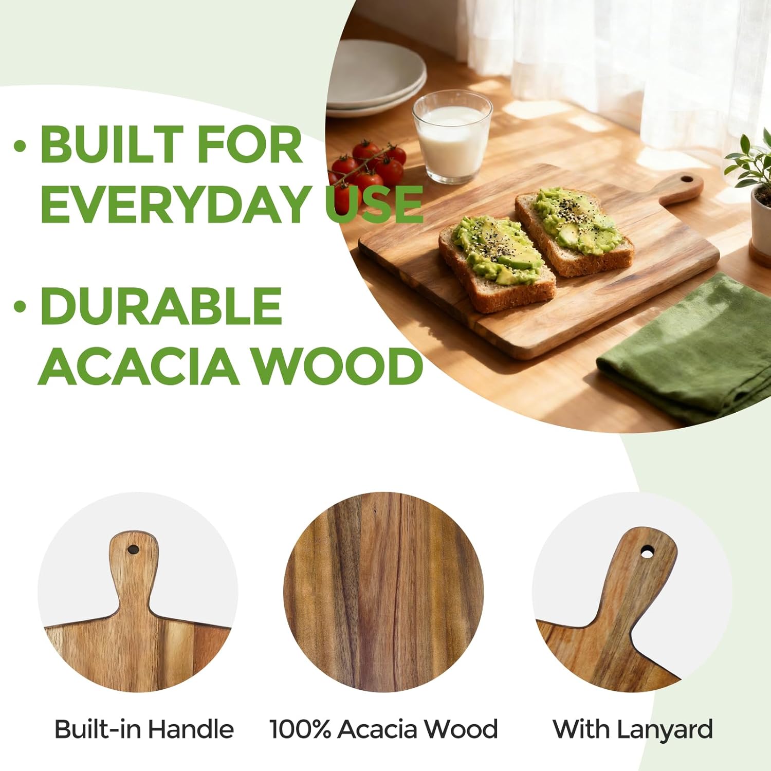 Acacia Wood Cutting Board with Handle, Wooden Chopping Board for Meat, Cheese, Bread & Vegetables, Decorative Charcuterie Serving Board for Kitchen Cooking, Pizza & Party Dining, 17"x13"