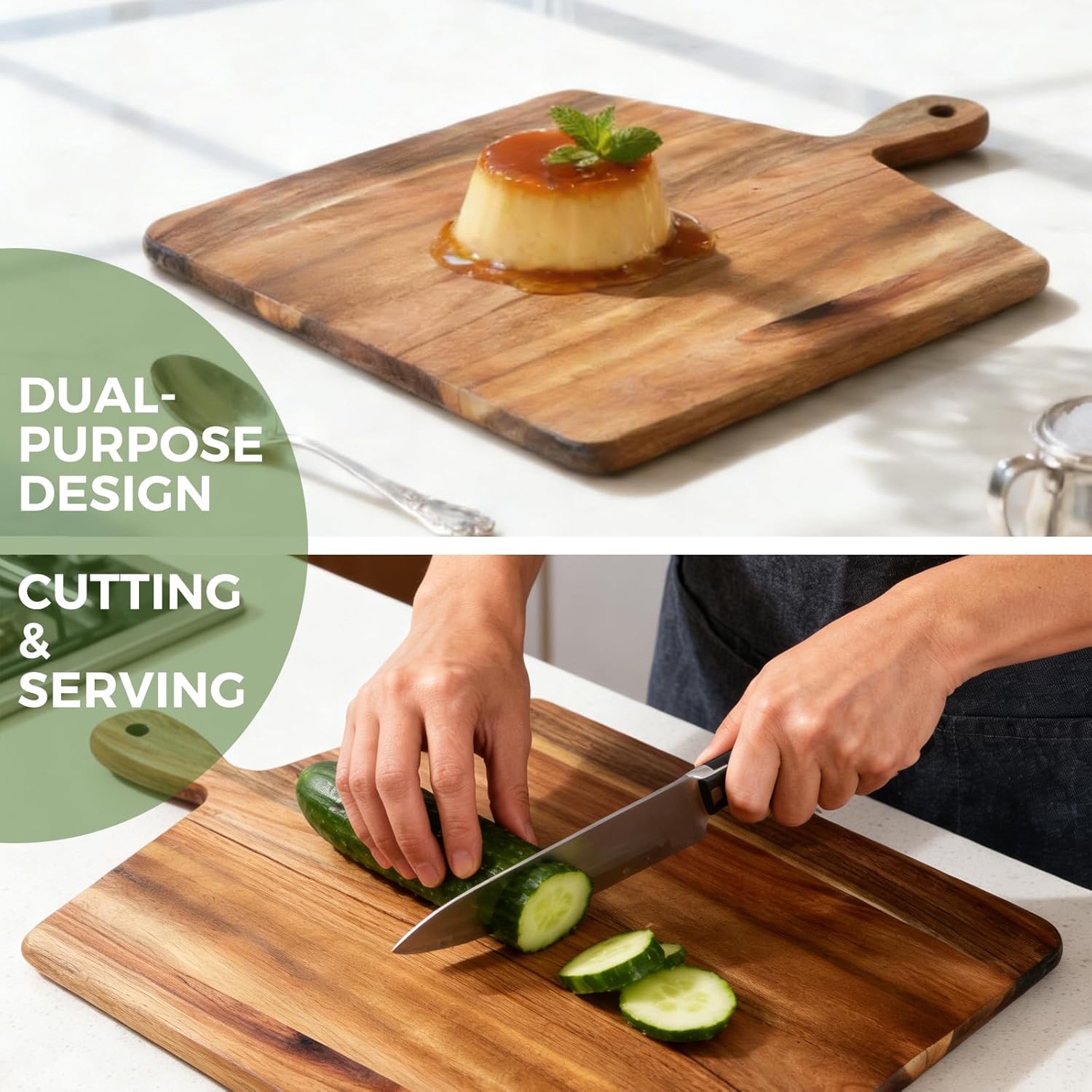 Acacia Wood Cutting Board with Handle, Wooden Chopping Board for Meat, Cheese, Bread & Vegetables, Decorative Charcuterie Serving Board for Kitchen Cooking, Pizza & Party Dining, 17"x13"