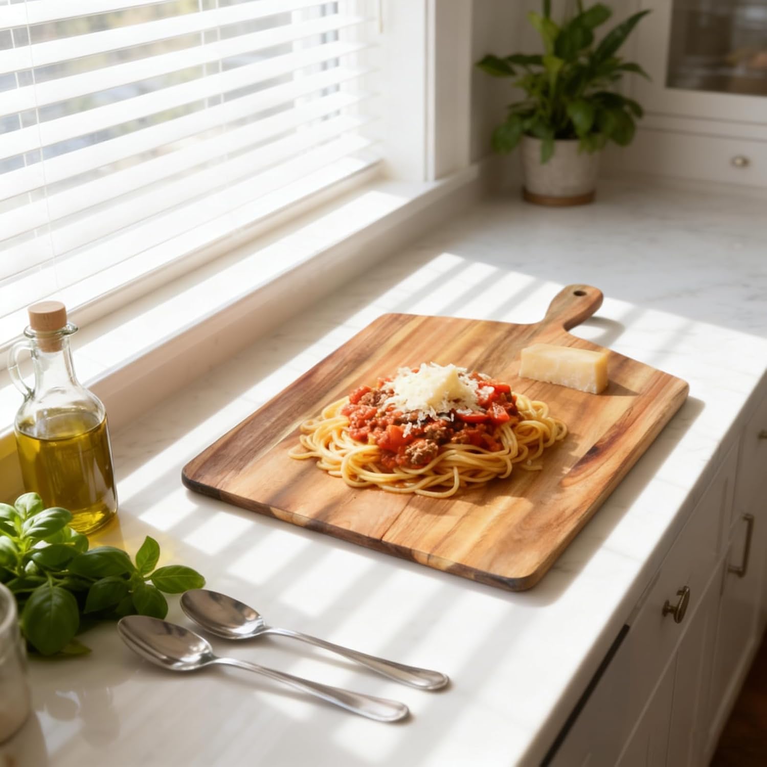 Acacia Wood Cutting Board with Handle, Wooden Chopping Board for Meat, Cheese, Bread & Vegetables, Decorative Charcuterie Serving Board for Kitchen Cooking, Pizza & Party Dining, 17"x13"