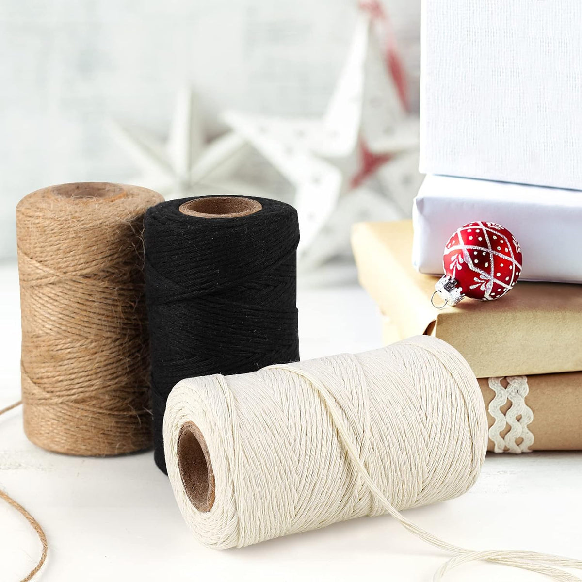 984 Ft Twine String, Natural Jute Twine, 2mm White Cotton Rope, 10ply Black Cotton for Crafts, Art, Gardening Plants, Gift Wrapping, Decoration, Packing String Bulk(3 Rolls)