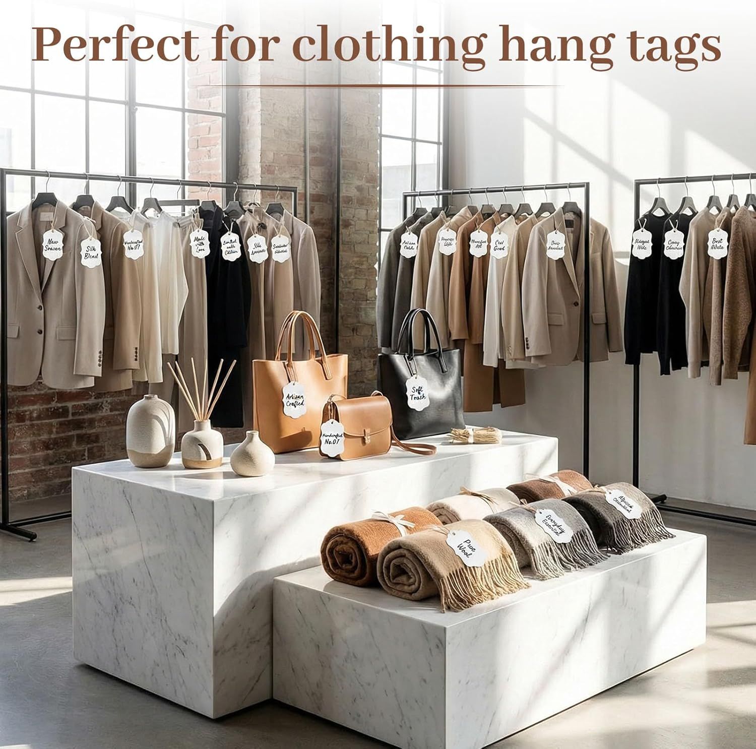 100pcs Gift Tags with String Attached, 2x2.8 inch Kraft Paper Hang Tags for Clothes DIY Crafts Wedding Holiday (White)