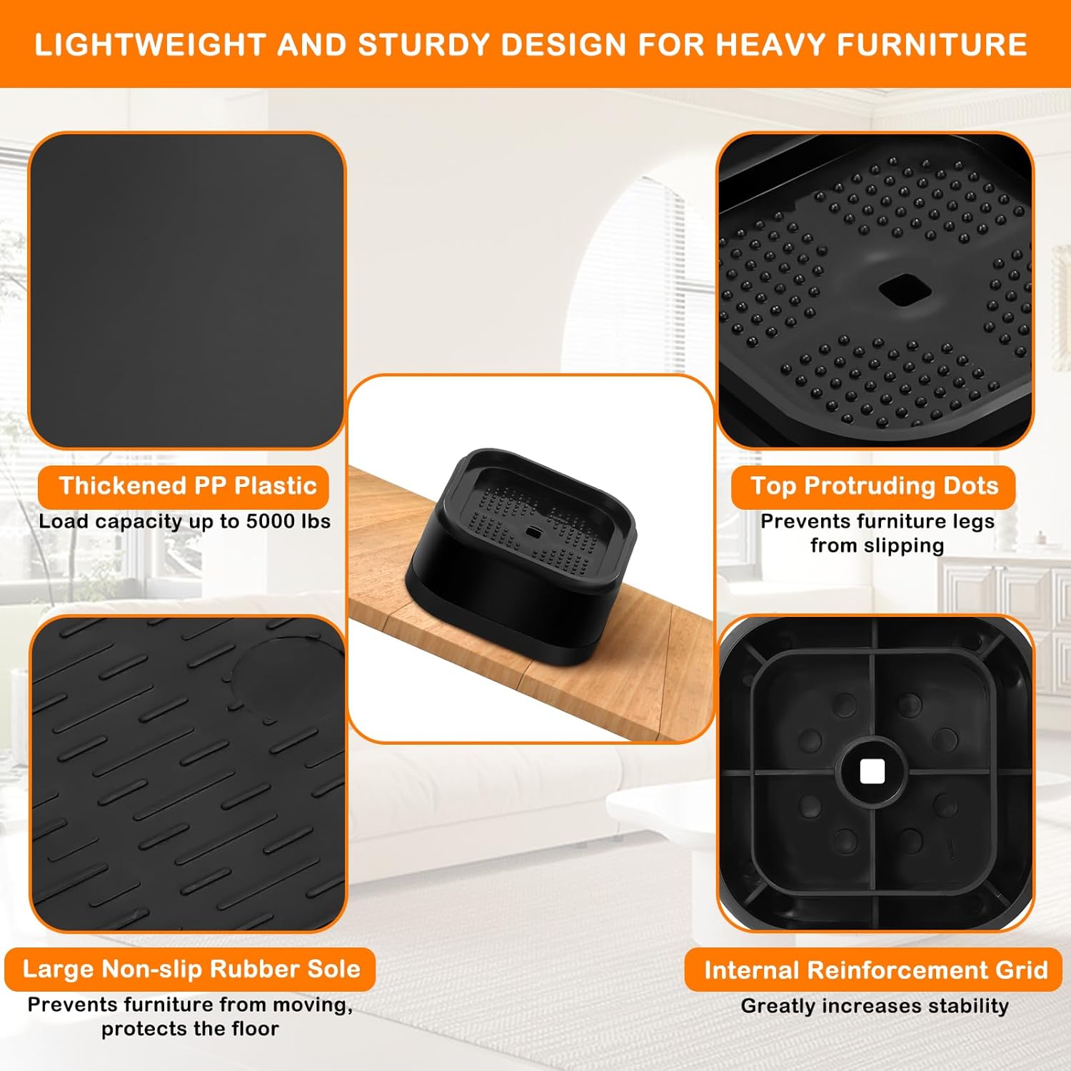 8 Pack Furniture Risers Adjtable Bed Risers Heavy Duty Lifts Height 1", Square Stackable Bed Risers 1, 2 or 3 Inch for Desk Leg Table Couch Sofa Chair Bed Frame Legs Dorm, Black