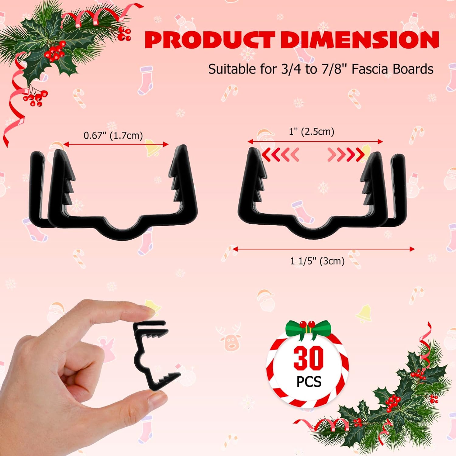 Christmas Light Hanger Clips Fascia Board Light Clips Plastic Holiday Deck Banister Hanger for Christmas Fascia Board Roof Gutter Fence Eave Decoration, Black (30 PCS, 7/8")