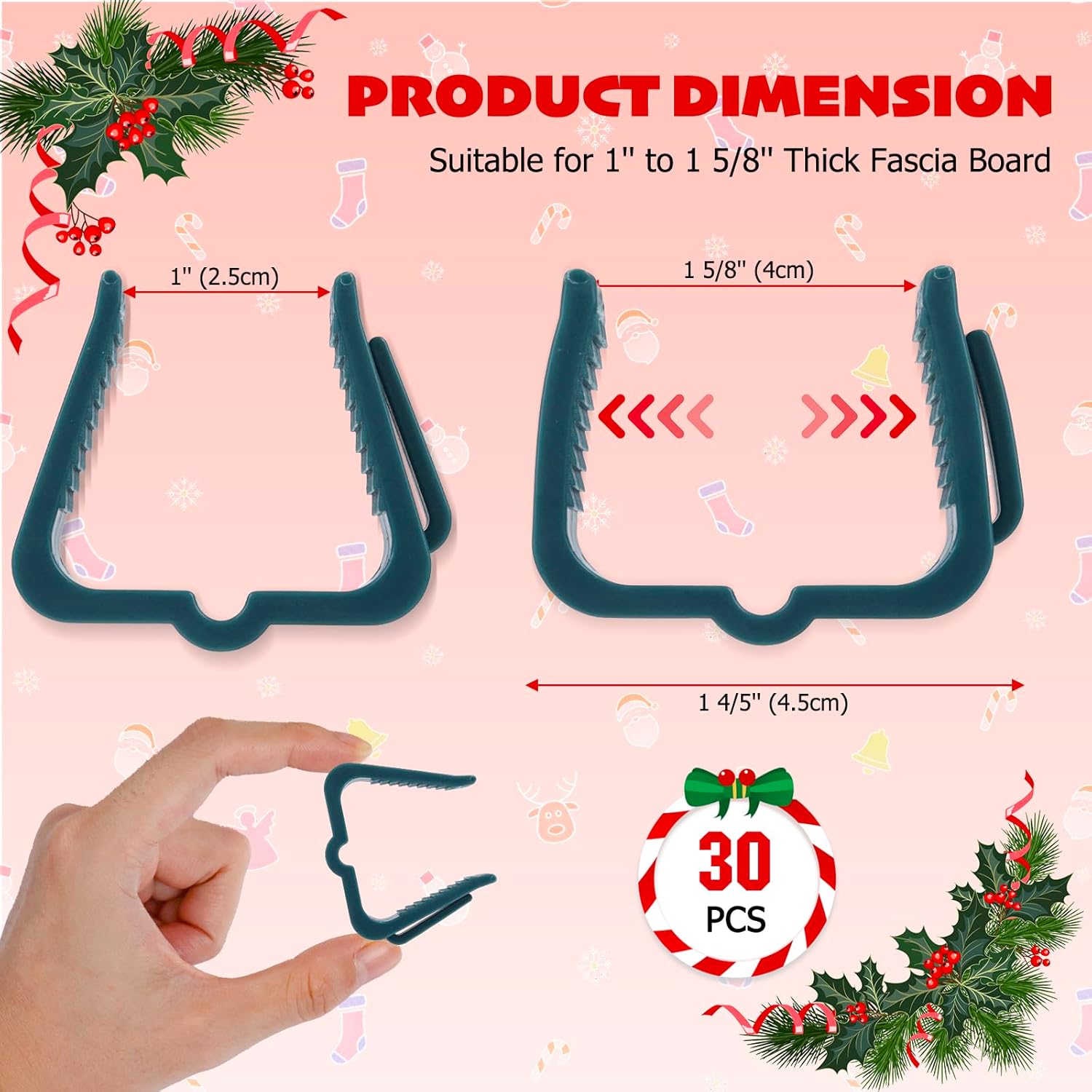 Christmas Light Hanger Clips Fascia Board Light Clips Plastic Holiday Deck Banister Hanger for Christmas Fascia Board Roof Gutter Fence Eave Decoration, Green (30 PCS, 1 5/8")