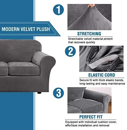 4 Pieces Thick Velvet Sofa Covers Couch Covers for 3 Chion Couch Sofa High Stretch Slipcovers Furniture Protector Form Fit Luxury Couch Cover for Dogs Width Up to 90 Inch(Sofa,Grey)