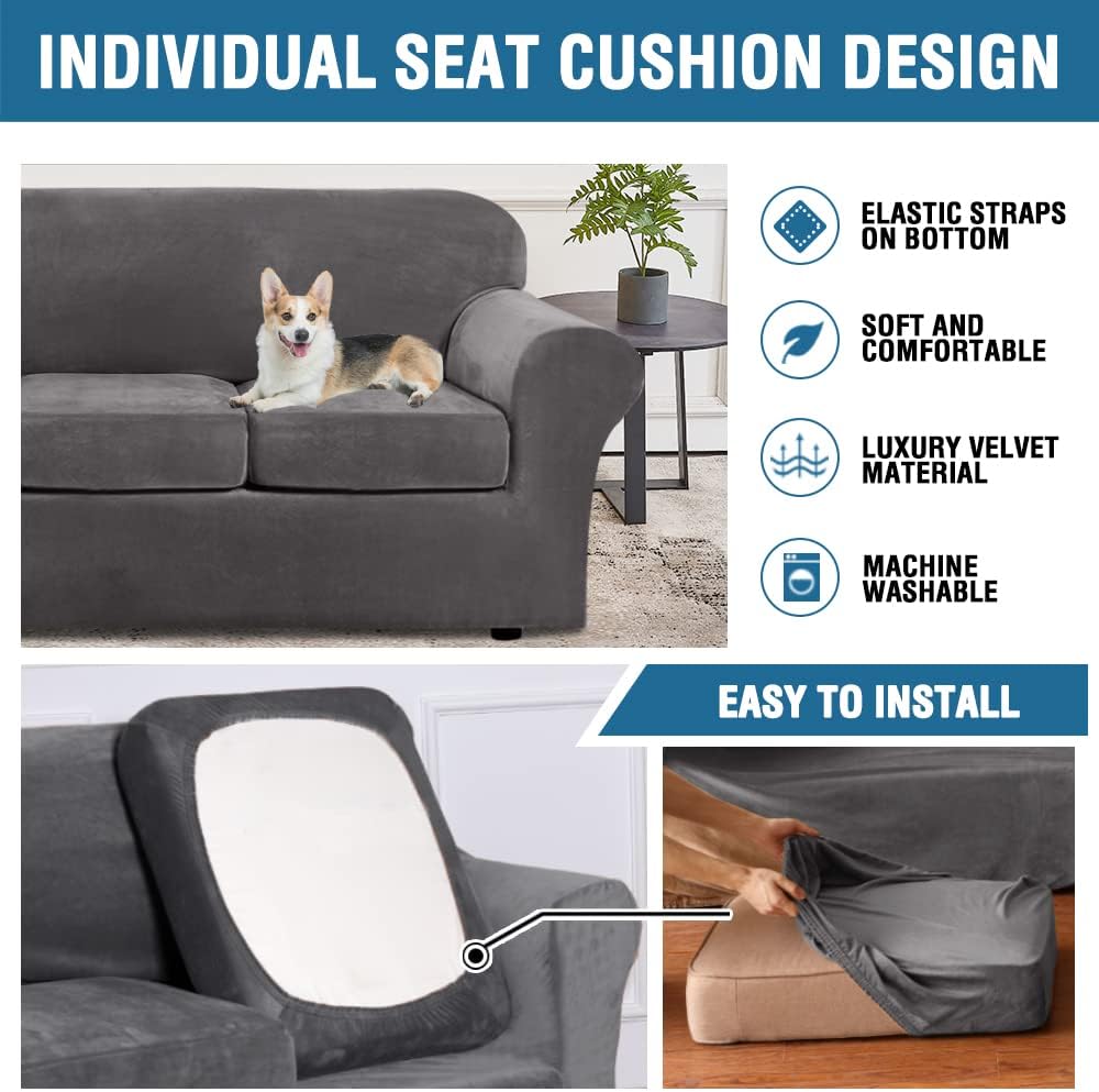 4 Pieces Thick Velvet Sofa Covers Couch Covers for 3 Chion Couch Sofa High Stretch Slipcovers Furniture Protector Form Fit Luxury Couch Cover for Dogs Width Up to 90 Inch(Sofa,Grey)