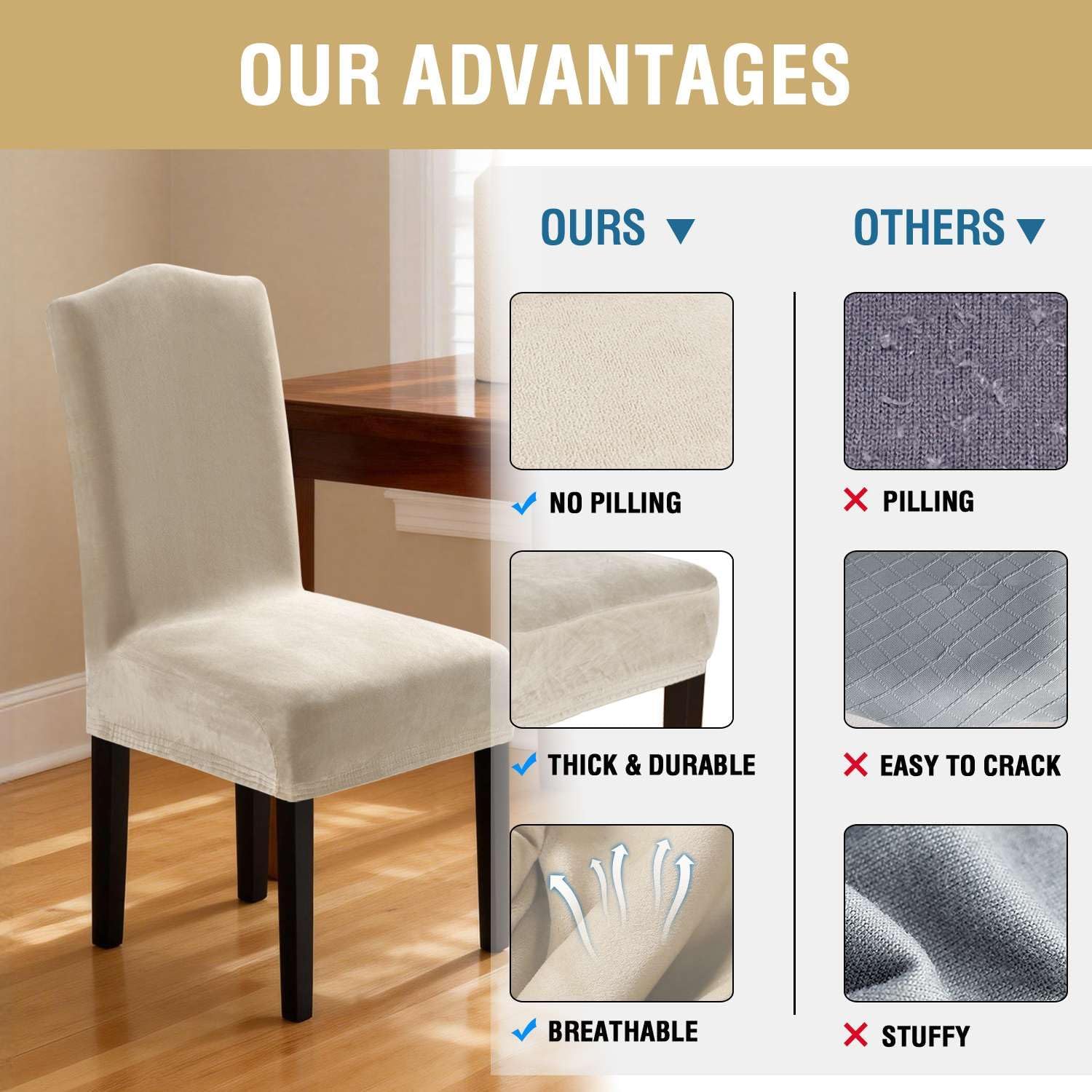 Dining Chair Covers Velvet Stretch Chair Covers for Dining Room Set of 6 Parson Chair Slipcovers Chair Protectors Covers, Soft Thick Solid Velvet Fabric Washable, Ivory