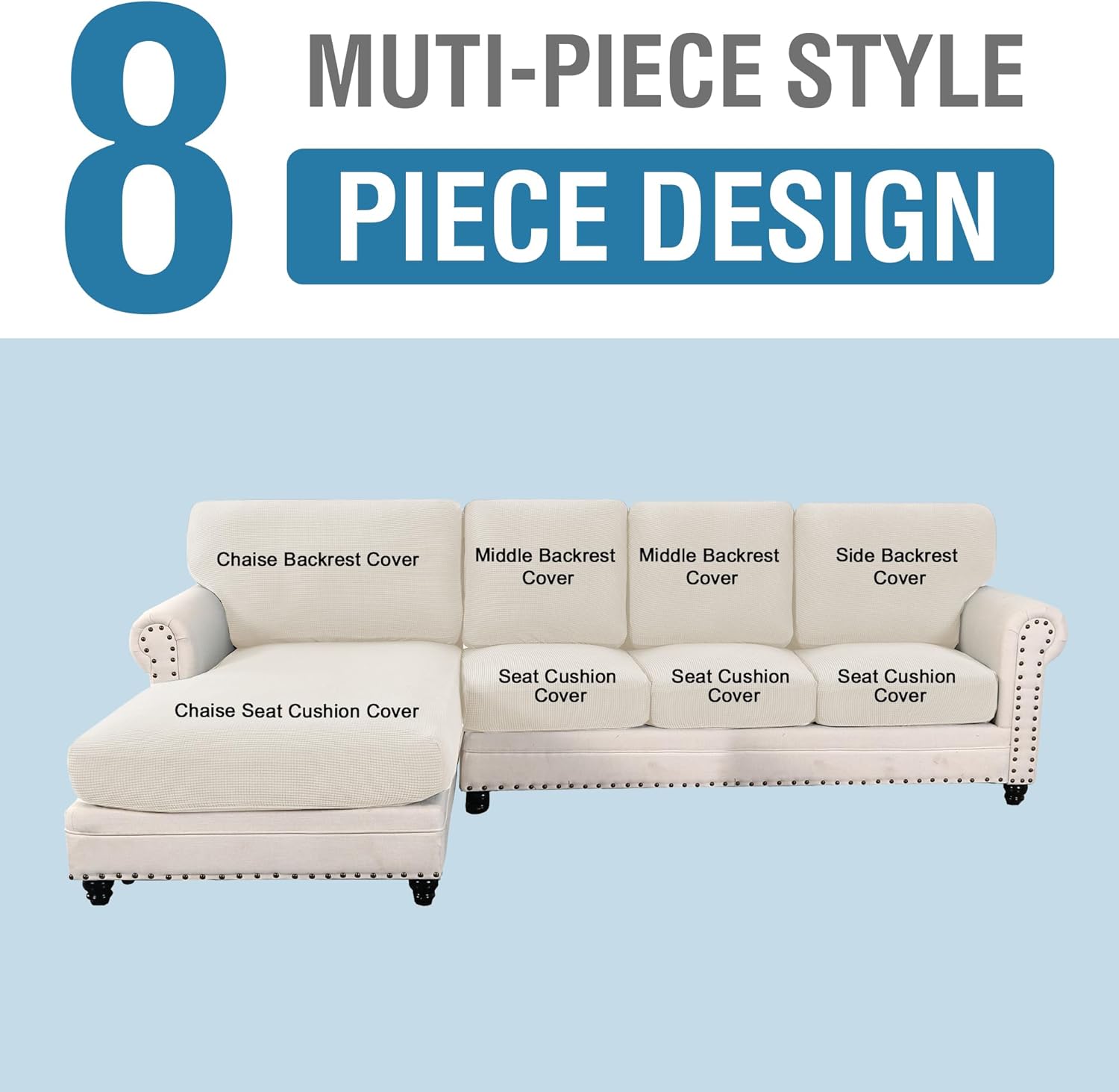 Sectional Couch Covers 8 Pieces Stretch Sofa Covers for Sectional Sofa Set Separate L Shaped Couch Cover for Both Left/Right Couch (Seat and Back: 1 Chaise + 3 Sofa, Ivory)