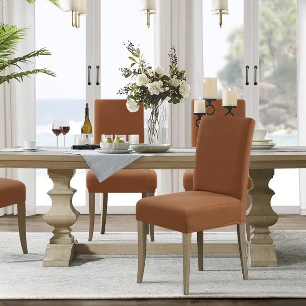 100% Waterproof Dining Chair Covers Stretch Chair Covers for Dining Room Set of 6 Parson Chair Slipcovers Chair Protectors Covers Dining, Soft Thick Solid Fleece Fabric Washable, Camel