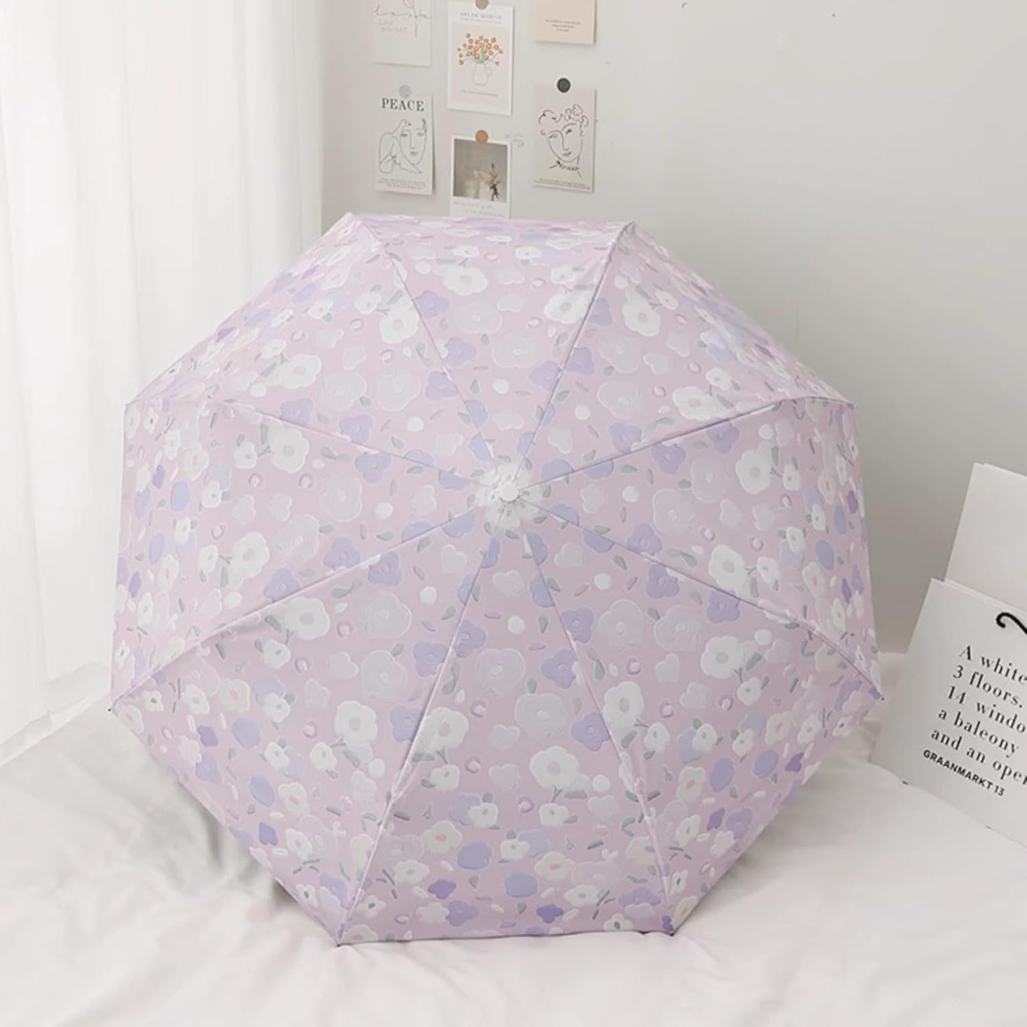 Women's Purple Floral Auto-open Sun & Rain Umbrella, UV Protection Compact Travel Umbrellas UPF 50+ with Cover Bag