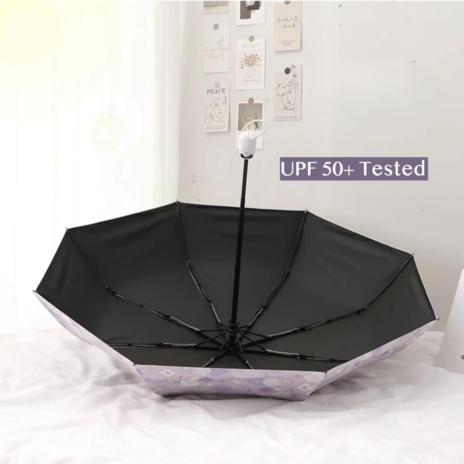 Women's Purple Floral Auto-open Sun & Rain Umbrella, UV Protection Compact Travel Umbrellas UPF 50+ with Cover Bag