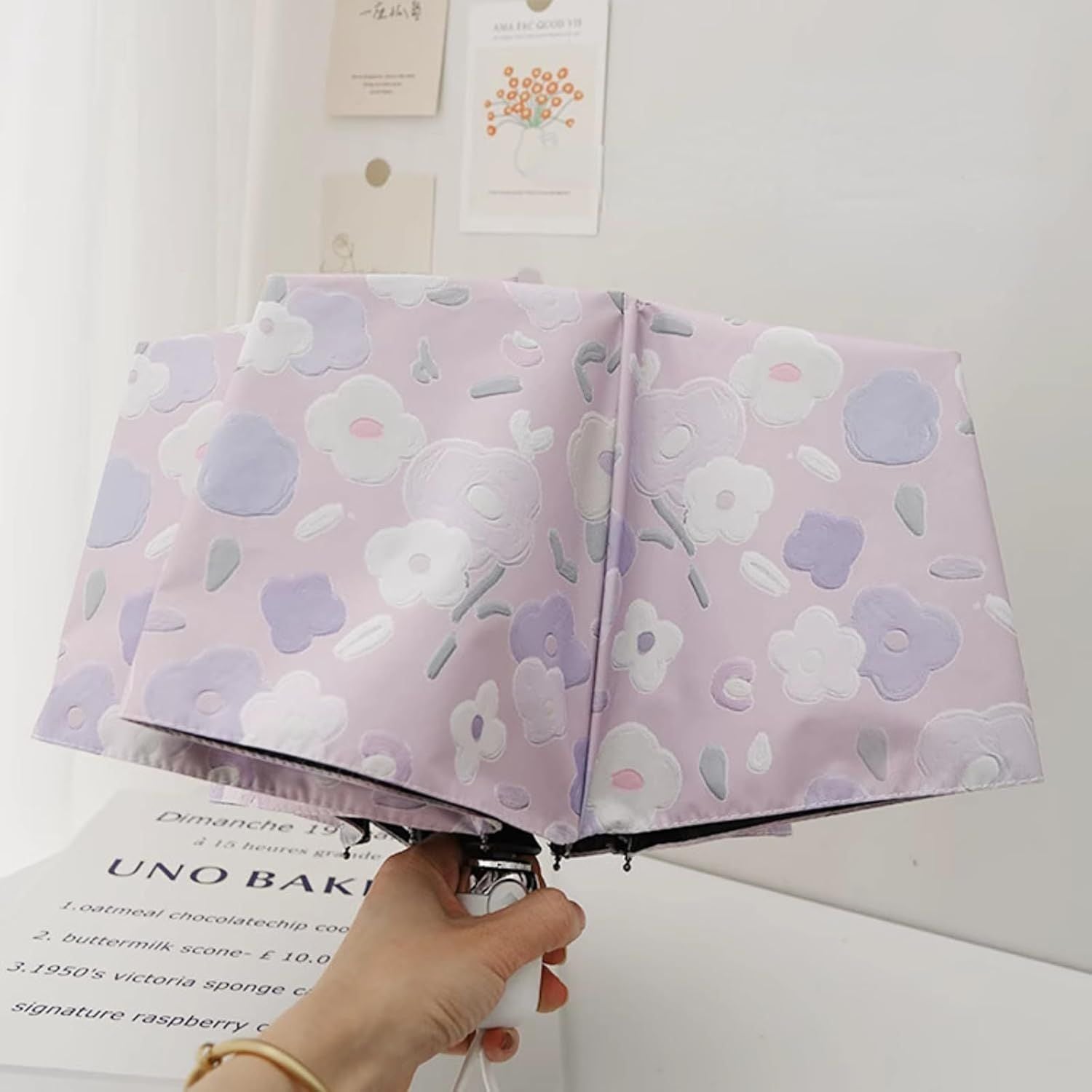 Women's Purple Floral Auto-open Sun & Rain Umbrella, UV Protection Compact Travel Umbrellas UPF 50+ with Cover Bag