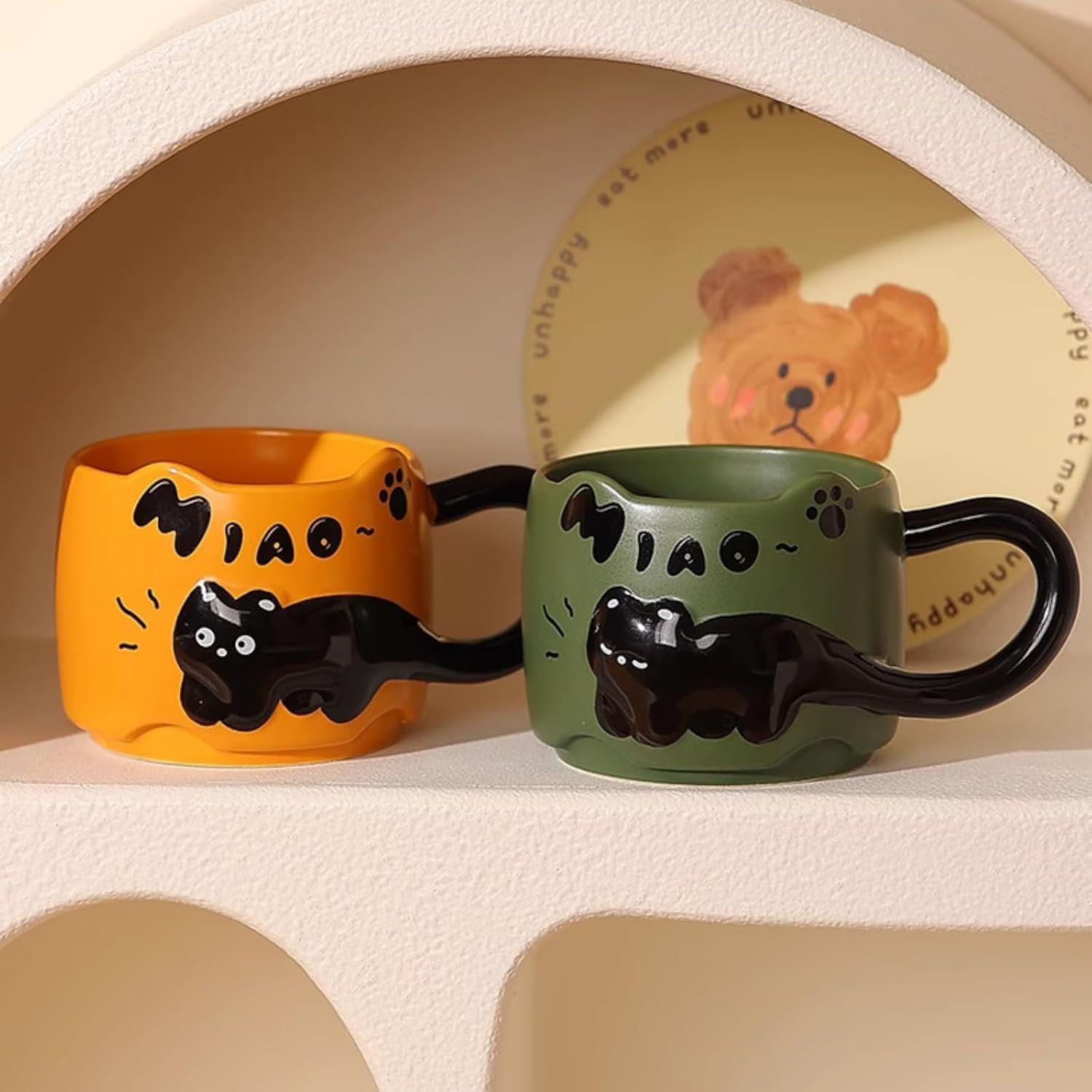 13 Oz Embossed Ceramic Cute Cat Coffee Mug Tea Mug, Creative Couple Family Cup with Handle for Home Office (red,13 Oz)