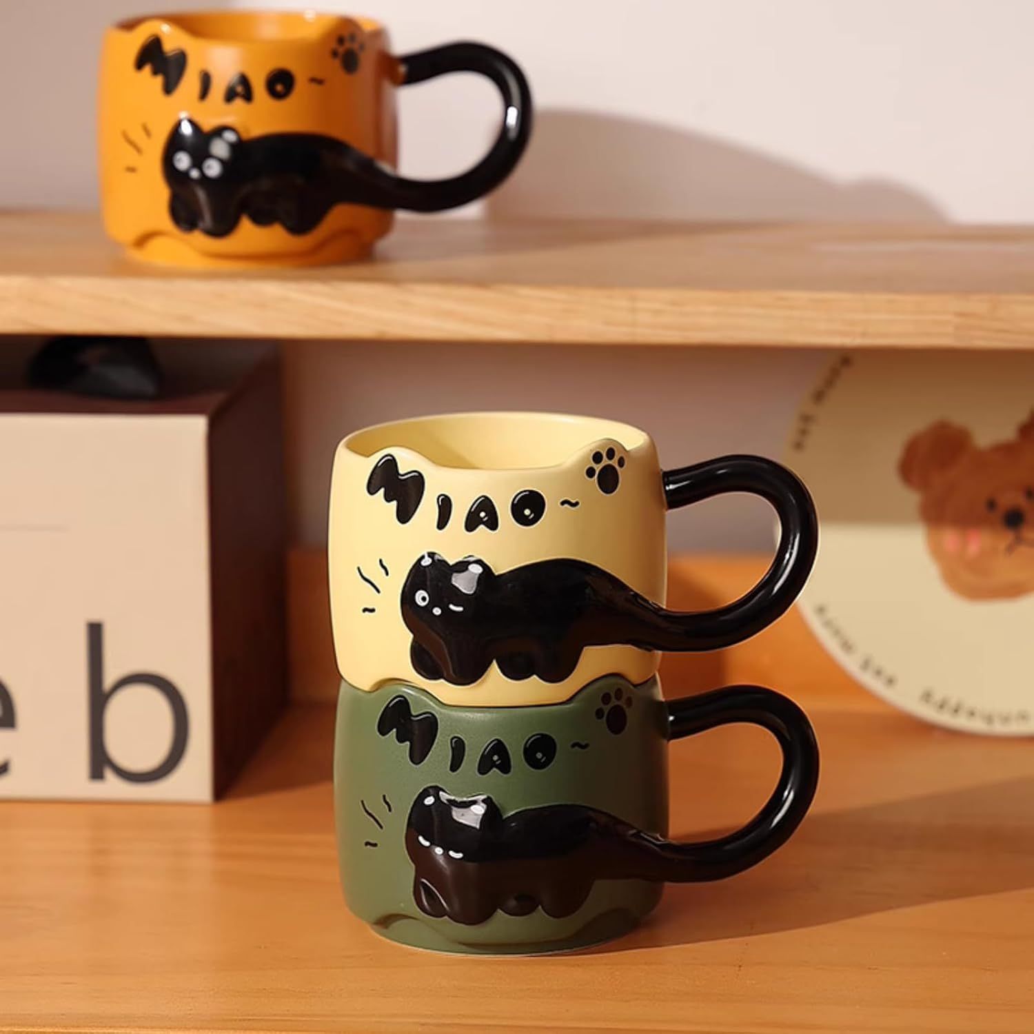13 Oz Embossed Ceramic Cute Cat Coffee Mug Tea Mug, Creative Couple Family Cup with Handle for Home Office (red,13 Oz)