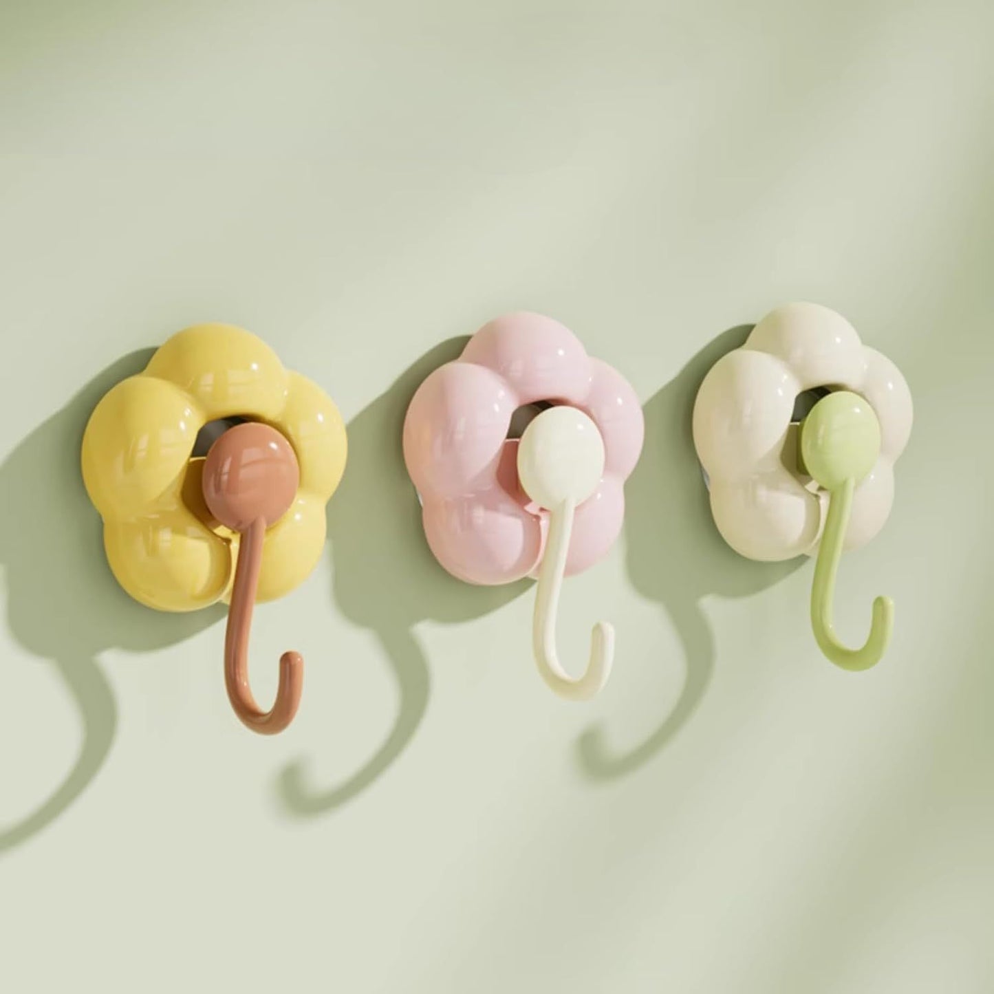 3 Pack No-Trace Vacuum Suction Cup Hooks, Floral Heavy Duty Storage Hangers for Home Bathroom Kitchen Door Back (Yellow Pink Green)