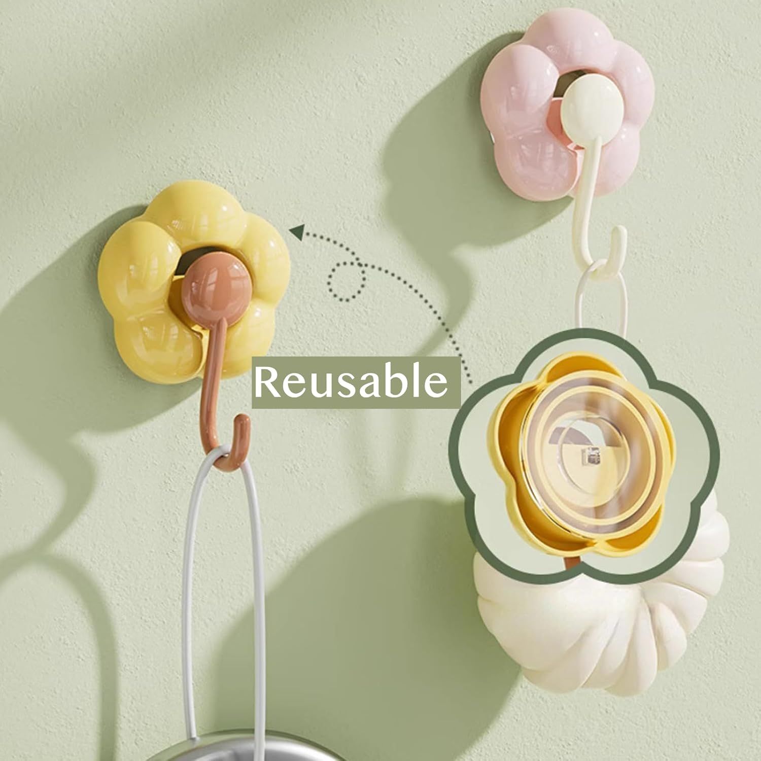 3 Pack No-Trace Vacuum Suction Cup Hooks, Floral Heavy Duty Storage Hangers for Home Bathroom Kitchen Door Back (Yellow Pink Green)