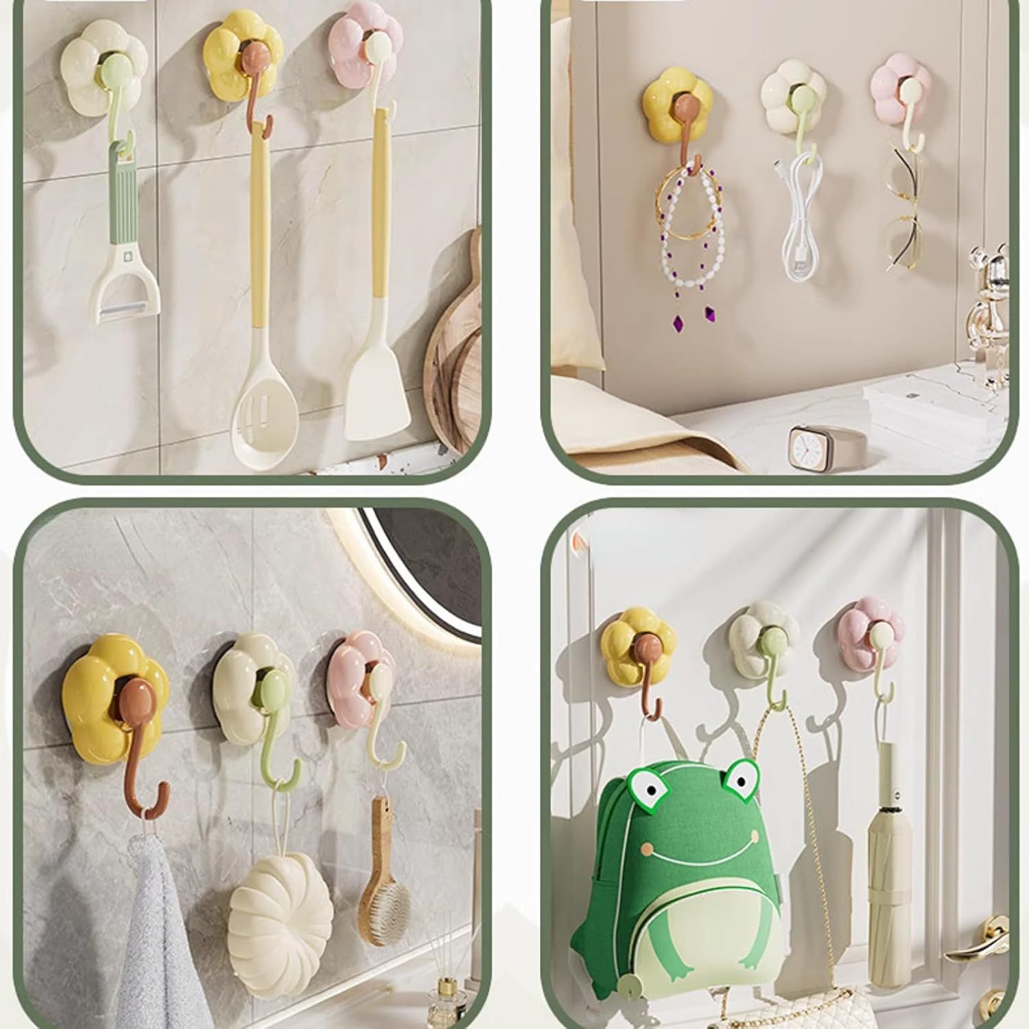 3 Pack No-Trace Vacuum Suction Cup Hooks, Floral Heavy Duty Storage Hangers for Home Bathroom Kitchen Door Back (Yellow Pink Green)
