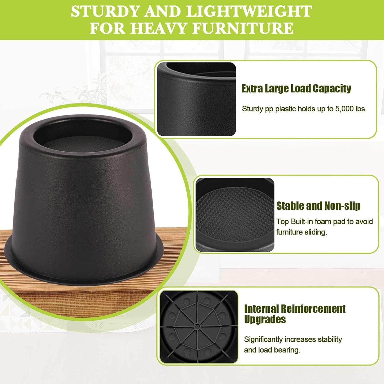 4 Pack Furniture Risers 4 Inch, Bed Risers Heavy Duty for Table Desk Couch Chair Sofa Cabinet Bed Frame Dorm, Round Table Leg Risers Lift Height 3.4", Black