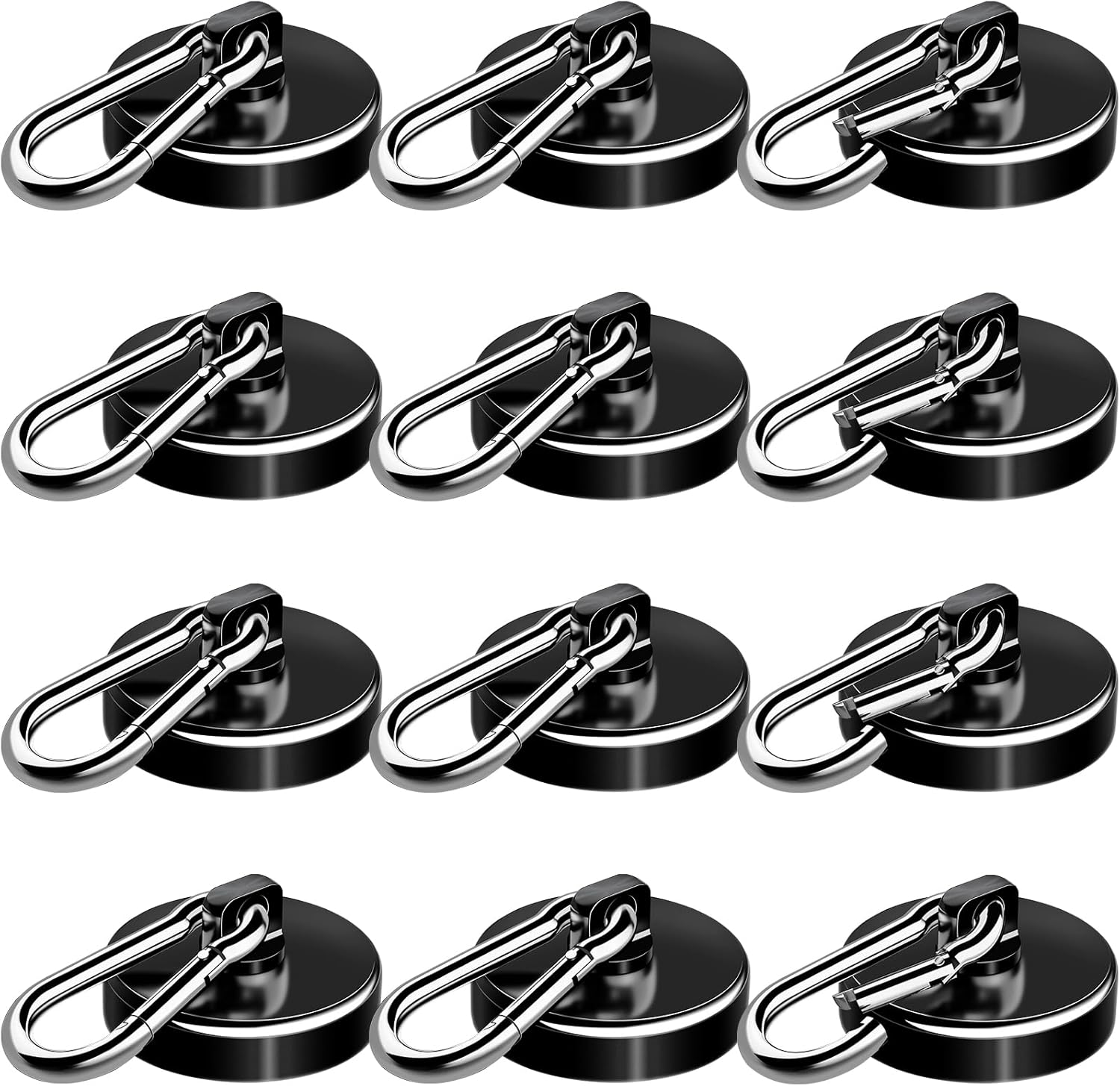 Carabiner Magnetic Hooks, 90LBS Strong Black Magnetic Hooks Heavy Duty with Swivel Carabiner Hook, Great for Hanging for Cruise, Garage, Kitchen, Refrigerator, Locker (12-Pack)