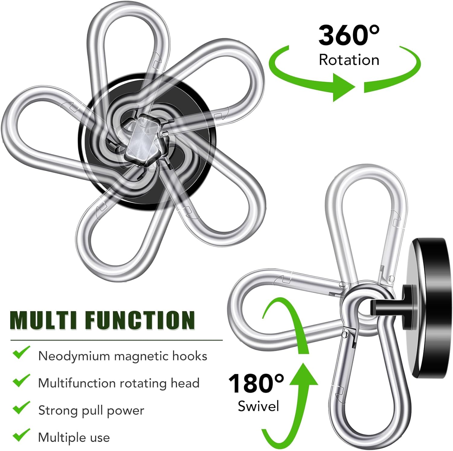 Carabiner Magnetic Hooks, 90LBS Strong Black Magnetic Hooks Heavy Duty with Swivel Carabiner Hook, Great for Hanging for Cruise, Garage, Kitchen, Refrigerator, Locker (12-Pack)