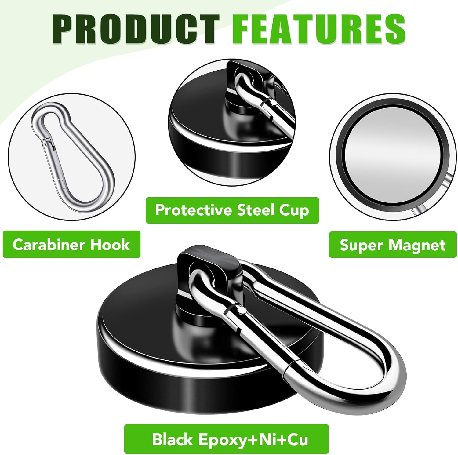 Carabiner Magnetic Hooks, 90LBS Strong Black Magnetic Hooks Heavy Duty with Swivel Carabiner Hook, Great for Hanging for Cruise, Garage, Kitchen, Refrigerator, Locker (12-Pack)