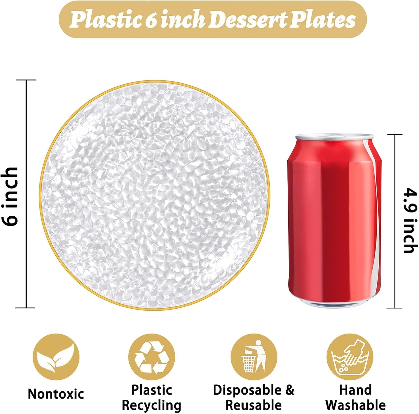 100 Pack Clear Gold Plastic Dessert Plates, 6Inch Clear Gold Small Appetizer Plates With Hammered, Heavy Duty Disposable Salad Plate, Elegant Cake Platos for Wedding, Birthday, Teatime