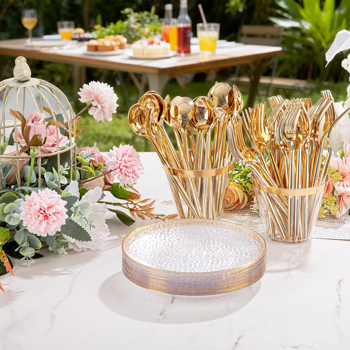 100 Pack Clear Gold Plastic Dessert Plates, 6Inch Clear Gold Small Appetizer Plates With Hammered, Heavy Duty Disposable Salad Plate, Elegant Cake Platos for Wedding, Birthday, Teatime