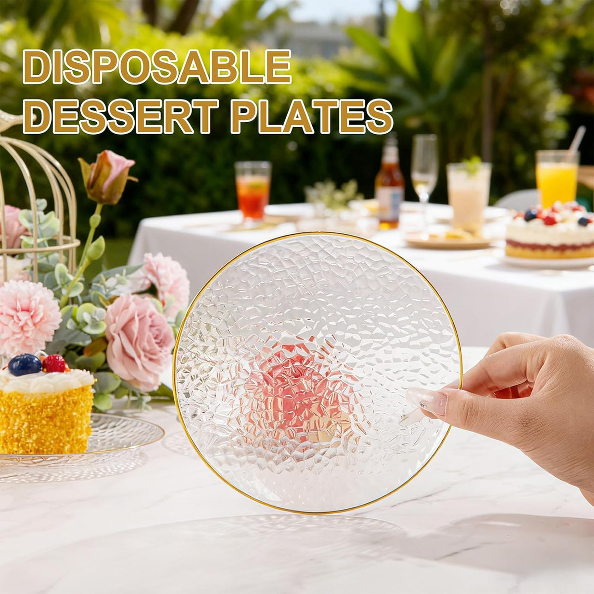 100 Pack Clear Gold Plastic Dessert Plates, 6Inch Clear Gold Small Appetizer Plates With Hammered, Heavy Duty Disposable Salad Plate, Elegant Cake Platos for Wedding, Birthday, Teatime
