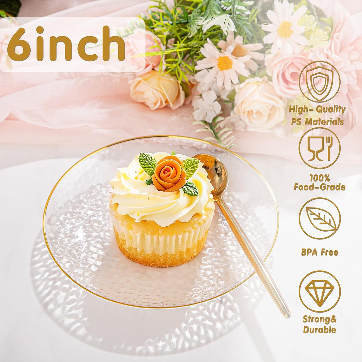 100 Pack Clear Gold Plastic Dessert Plates, 6Inch Clear Gold Small Appetizer Plates With Hammered, Heavy Duty Disposable Salad Plate, Elegant Cake Platos for Wedding, Birthday, Teatime