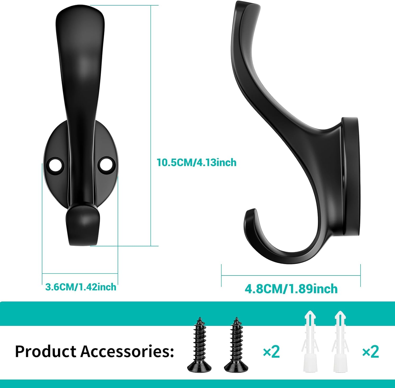Coat Hooks Heavy Duty - Wall Mount Metal Towel Hooks Screw-in Wall Hooks for Hanging Hat, Towel, Key, Robe, Scarf, Bag, Cap (6 PCS Black)