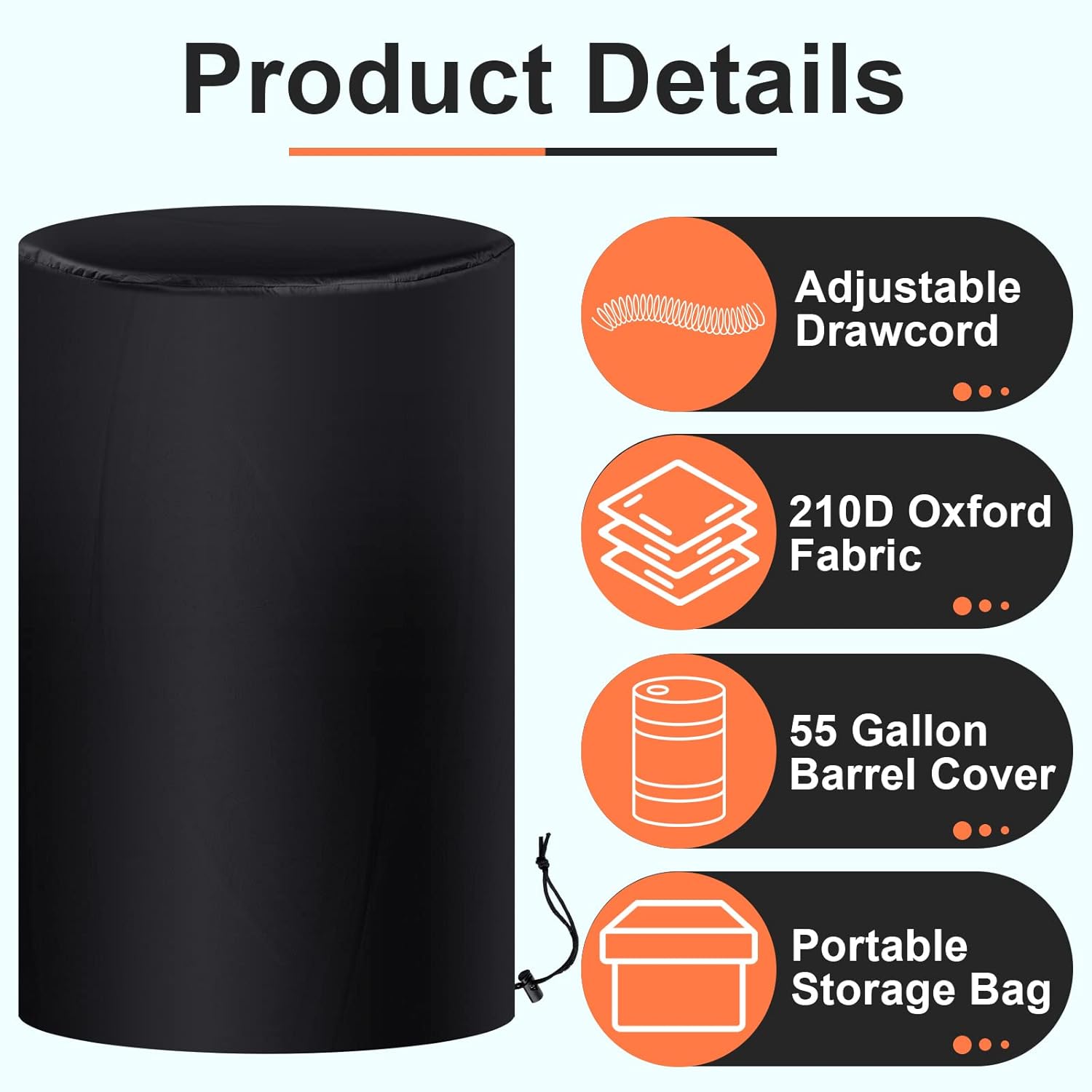 55 Gallon Drum Cover, 210D Oxford Cloth Water Storage Barrel 25 x 37 Inch Outdoor Waterproof Rain Snow Bucket lid with Drawstring, UV Protection, Anti Dust(2 Pcs)