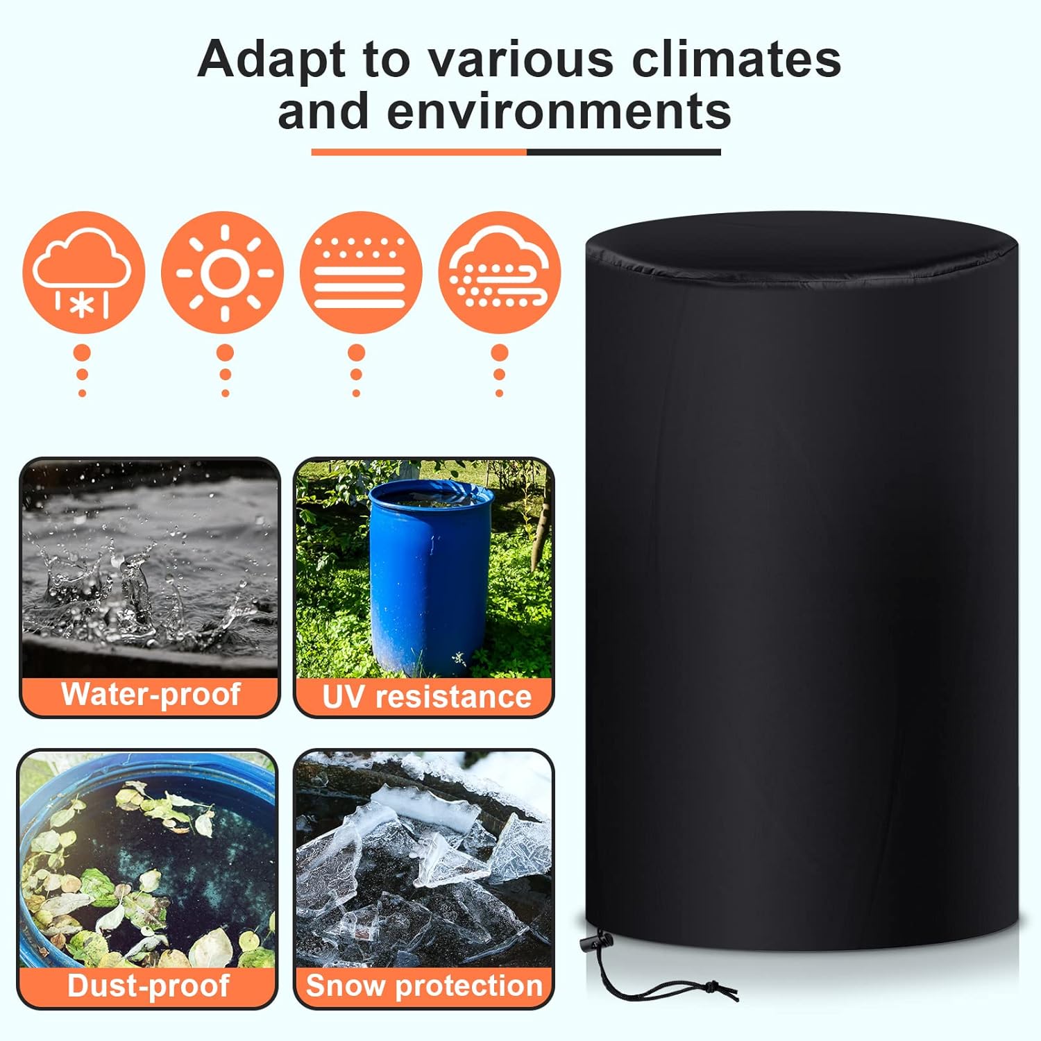55 Gallon Drum Cover, 210D Oxford Cloth Water Storage Barrel 25 x 37 Inch Outdoor Waterproof Rain Snow Bucket lid with Drawstring, UV Protection, Anti Dust(2 Pcs)
