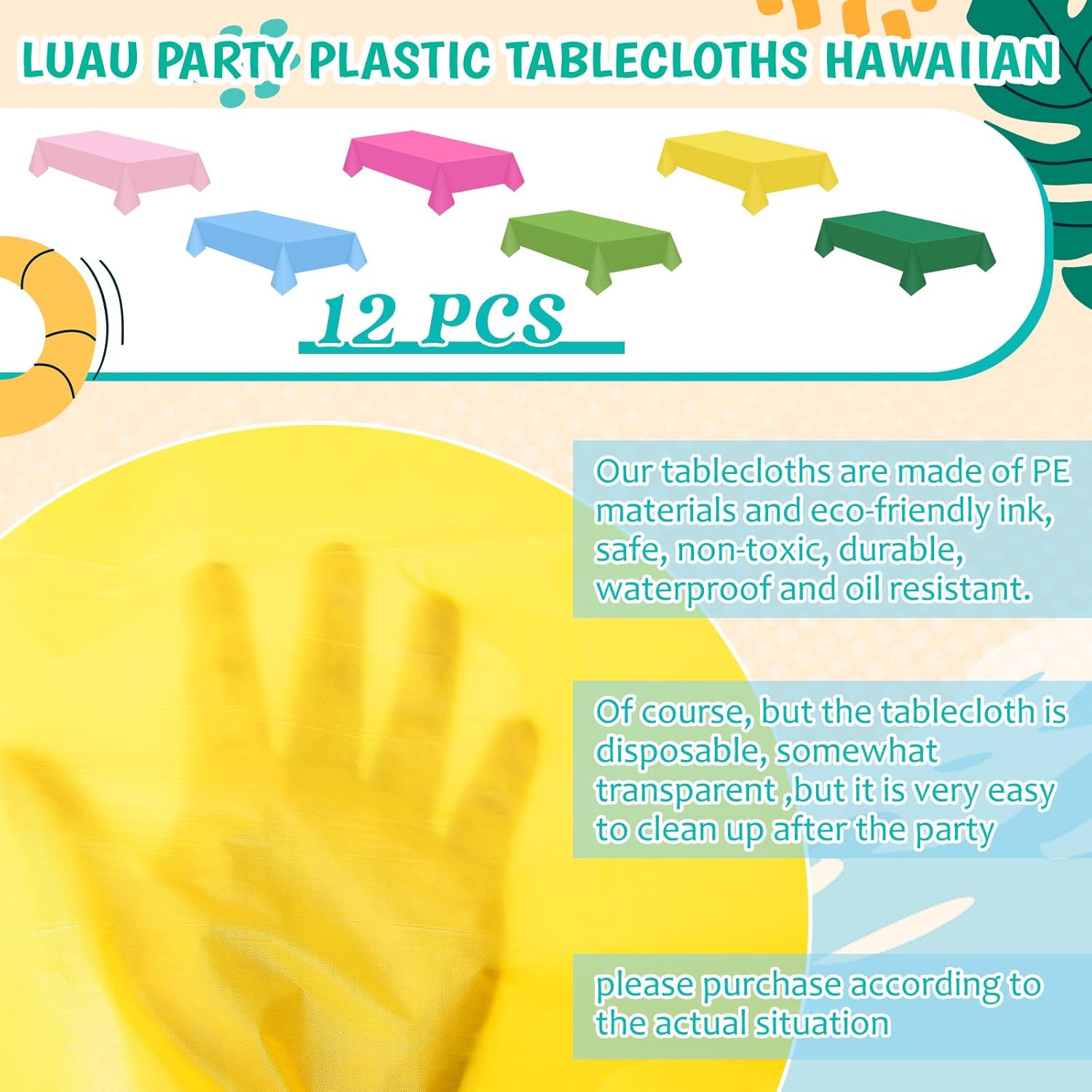 12 Pcs Hawaiian Plastic Tablecloths 54 x 108 Inch Disposable Rectangle Waterproof Table Cover for Birthday Wedding Anniversary Fine Dining Luau Summer Party Decoration Supplies Hawaii