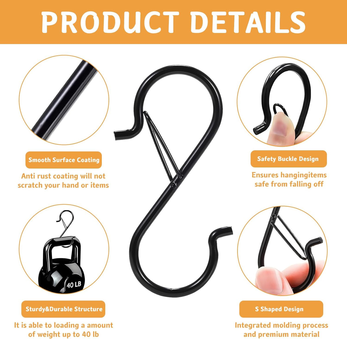 12 Pcs S Hooks for Hanging, Heavy Duty Metal S Shaped Hooks with Safety Buckle for Plants, Pots, Towels and Bags, 3.55 inch (Black)