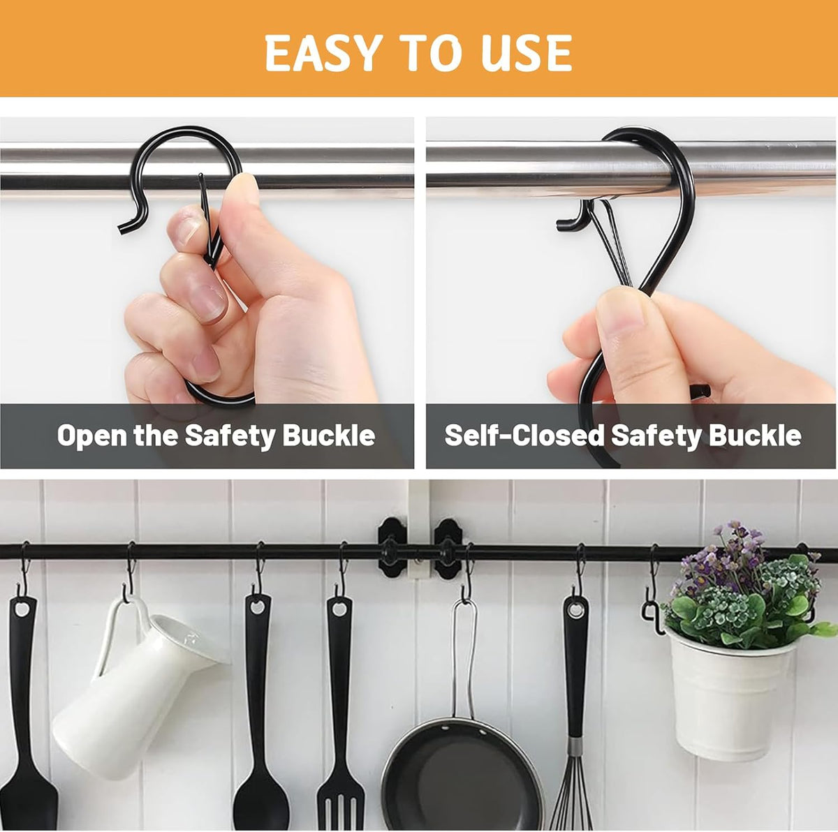12 Pcs S Hooks for Hanging, Heavy Duty Metal S Shaped Hooks with Safety Buckle for Plants, Pots, Towels and Bags, 3.55 inch (Black)