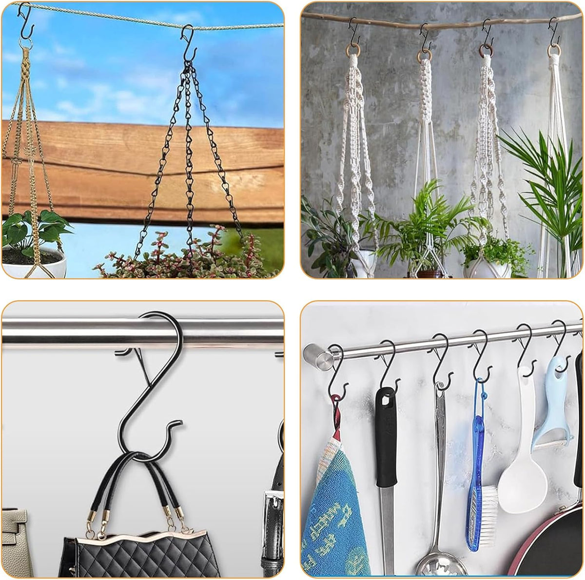 12 Pcs S Hooks for Hanging, Heavy Duty Metal S Shaped Hooks with Safety Buckle for Plants, Pots, Towels and Bags, 3.55 inch (Black)