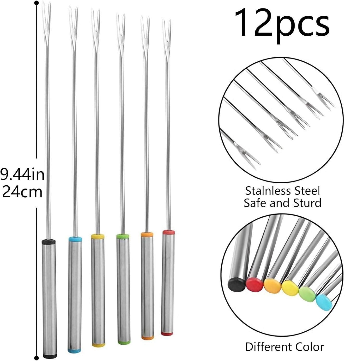 12 Pieces Fondue Forks, Stainless Steel Fondue Forks Roasting Sticks 24cm Fondue Skewers with Heat Resistant Handle for Cheese Chocolate Fondue Roast Marshmallows Meat