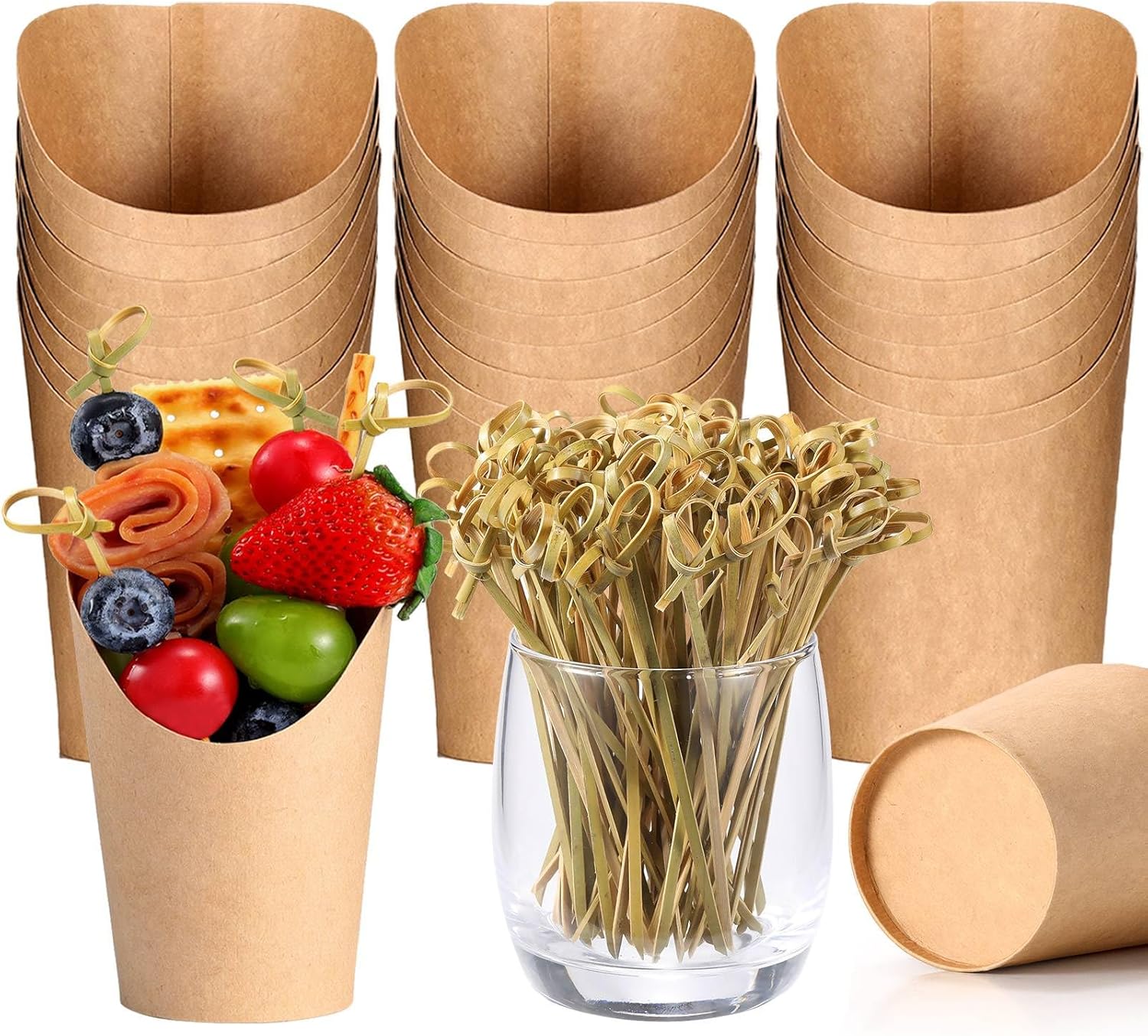 Charcuterie Cups with Cocktail Picks, 12 OZ Paper Appetizer Cups 24 Pcs with 4.7 Inch Bamboo Knot Skewers 100 Pcs, French Fries Holder Cones Brown, Party Supplies
