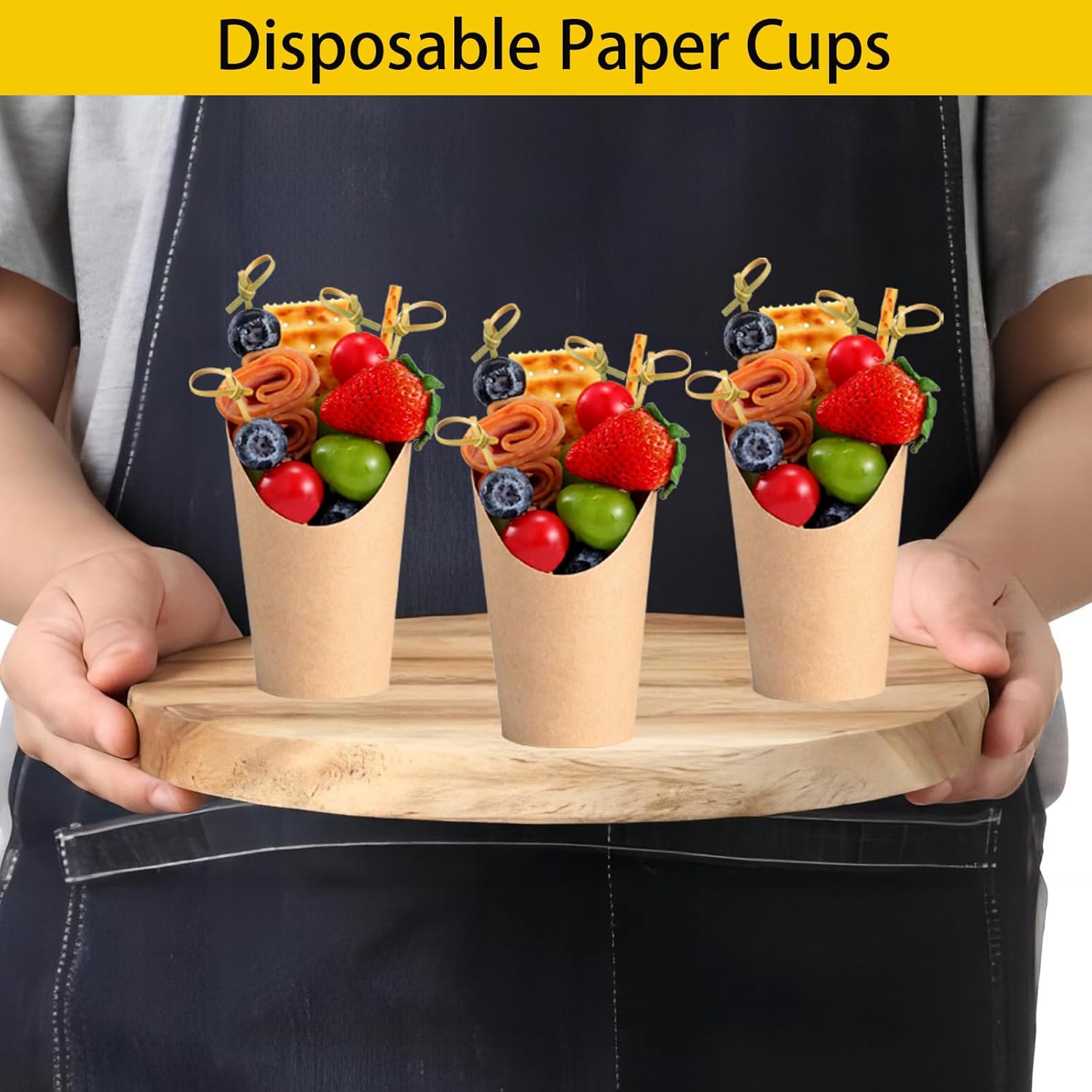 Charcuterie Cups with Cocktail Picks, 12 OZ Paper Appetizer Cups 24 Pcs with 4.7 Inch Bamboo Knot Skewers 100 Pcs, French Fries Holder Cones Brown, Party Supplies