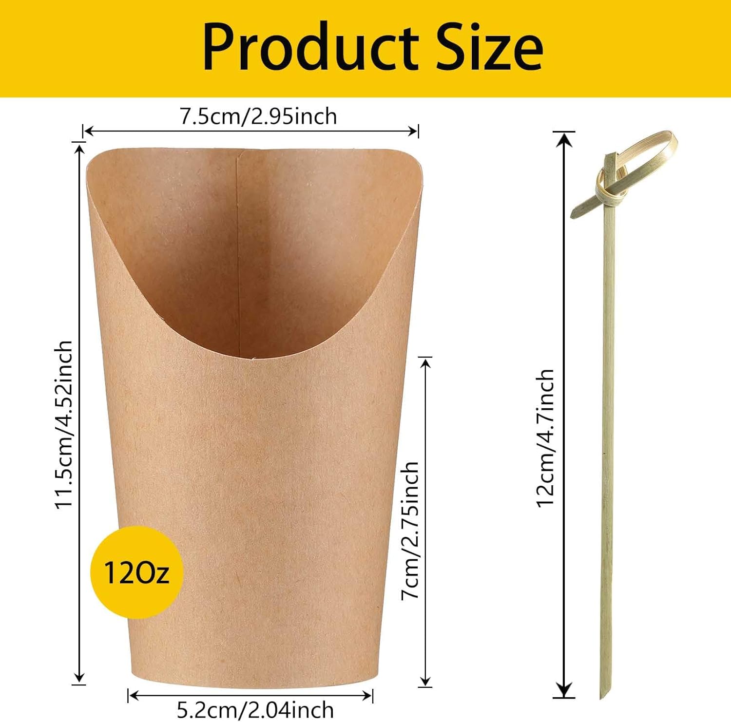 Charcuterie Cups with Cocktail Picks, 12 OZ Paper Appetizer Cups 24 Pcs with 4.7 Inch Bamboo Knot Skewers 100 Pcs, French Fries Holder Cones Brown, Party Supplies