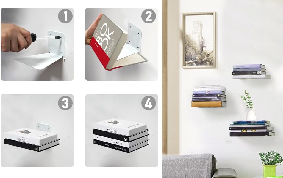 Invisible Floating Bookshelf - Modern White Wall Mount Metal Shelves for Room, Bedroom Bookcase, Small Bookshelf with Minimalist Design, Sleek Storage for Books & Decoratives（6PCS）