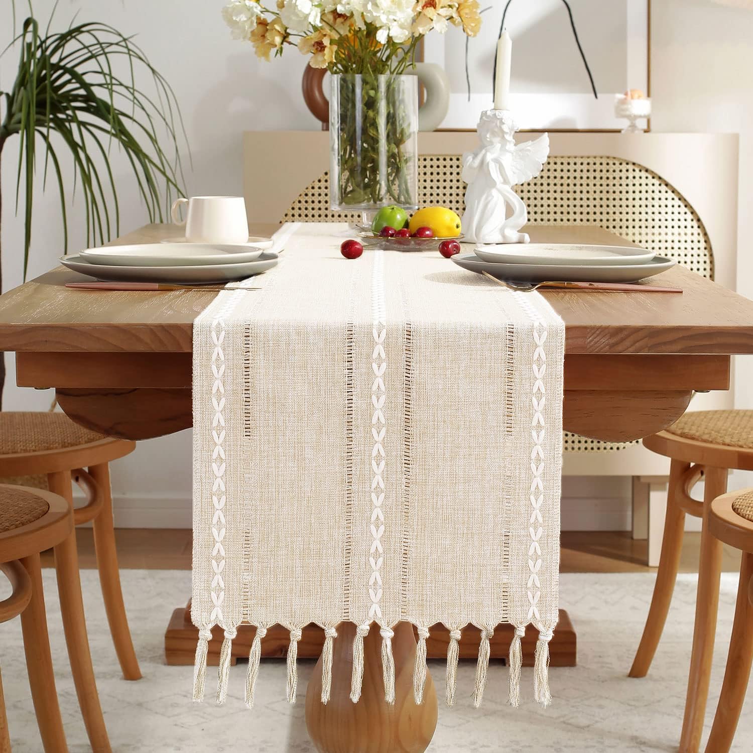 Fall Table Runner Farmhouse Rustic Style 13“ x 90”, Braided Striped Linen Cream Table Runner 90 Inches Long with Tassels for Dining Room Kitchen Reading Dresser Décor,Ivory White